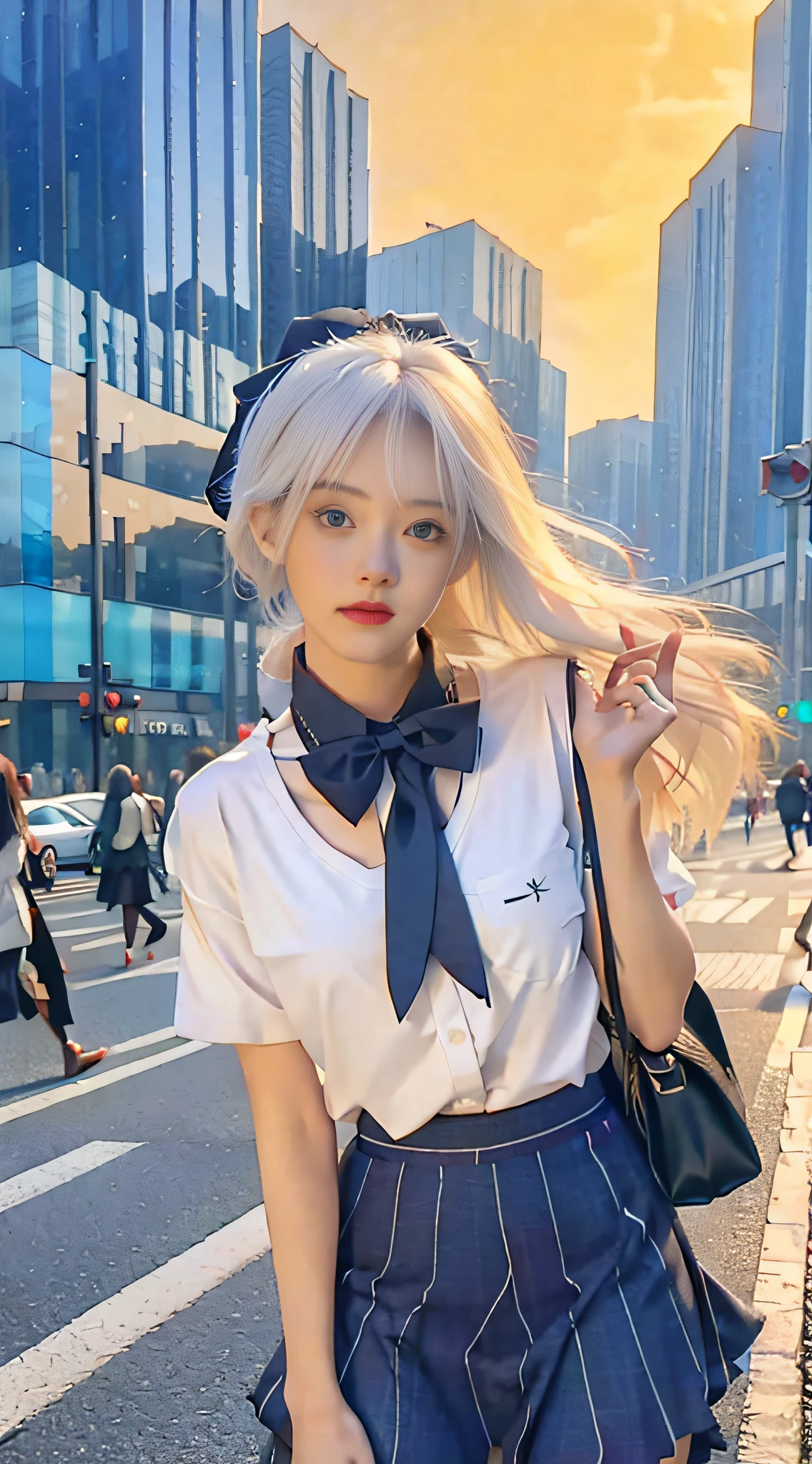 (8k, RAW photo, masterpiece:1.3), (realistic, photo-realistic:1.37), (night), (looking at viewer:1.331), (white hair), posing, Tokyo street, nightcityscape, cyberpunk city, soft light, 1girl, extremely beautiful face, bust, put down hands, Random hairstyle, Random expression, big eyes, lower abdomen, (short-sleeved .JK_shirt), JK_style, (dark blue JK_skirt), (bow JK_tie), mix4., best quality
