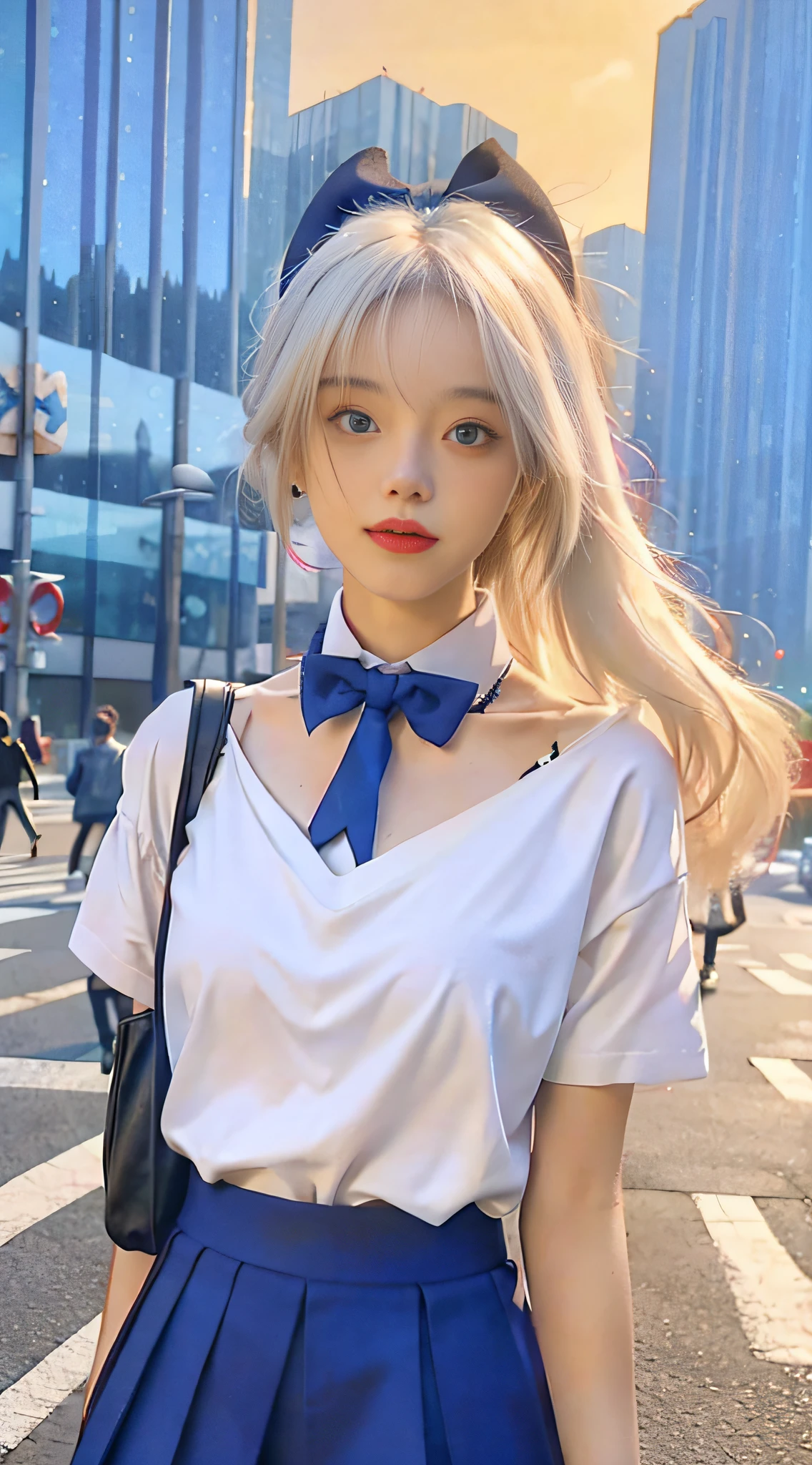 (8k, RAW photo, masterpiece:1.3), (realistic, photo-realistic:1.37), (night), (looking at viewer:1.331), (white hair), posing, Tokyo street, nightcityscape, cyberpunk city, soft light, 1girl, extremely beautiful face, bust, put down hands, Random hairstyle, Random expression, big eyes, lower abdomen, (short-sleeved .JK_shirt), JK_style, (dark blue JK_skirt), (bow JK_tie), mix4., best quality
