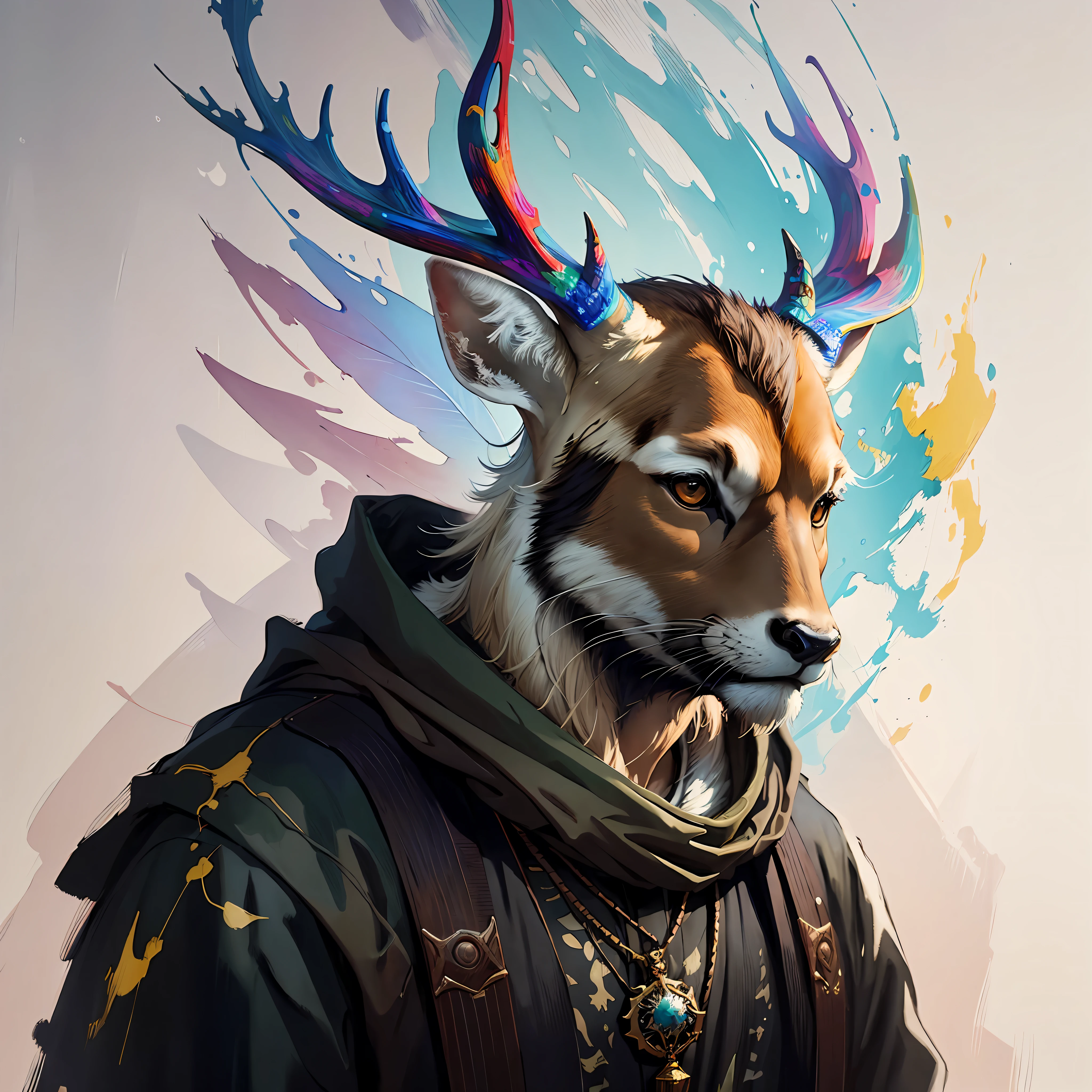 Boy, Deer Head Man, Casual Clothing, Best Quality, Anime, Merging, Colorful, Vivid Colors, Illustration, Art Style, Fantasy, Reality, (Masterpiece), (Medium:1.0), Antonio J. Manzanedo, Jeremy Lipking, Surrealist Landscapes, Watercolor Style, Brushstrokes, Fairy Tales, --auto --s2
