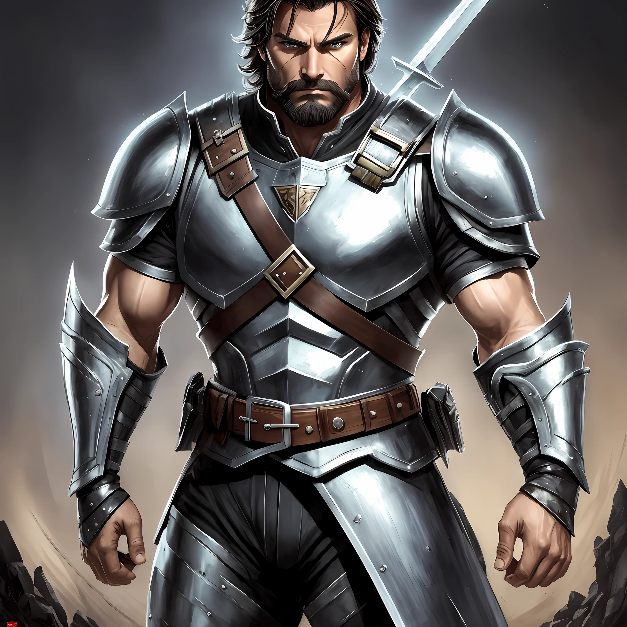 The soldier is a middle-aged man with a thin beard and short, dark hair. He is tall and muscular, with broad shoulders and strong arms. He is dressed in shiny metallic armor, which covers his chest and back, and has plates on his legs and arms.
He carries a long, sharp sword at his waist and a round shield on his left arm. His face is serious, with a determined expression in his gaze. He is an experienced warrior, with scars on his face and hands, indicating that he has been through many battles.
The soldier is in a standby position, with his right foot extended forward and the shield raised in front of the body. His sword is ready to be drawn at any moment, and his gaze is fixed on the horizon, attentive to any sign of danger. He is a brave and loyal soldier, ready to defend his kingdom and his people. style of Neal Adams --auto --s2