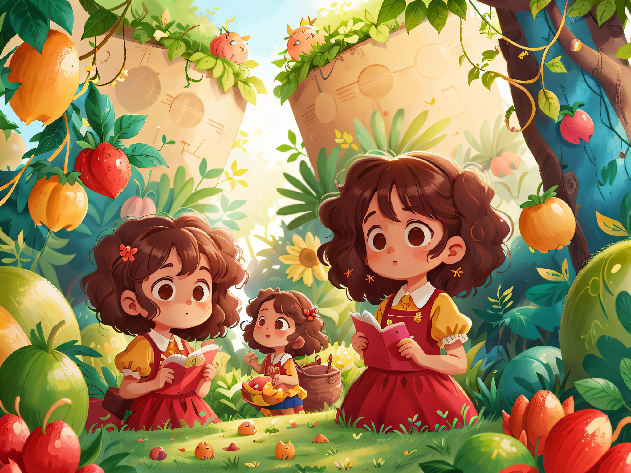 Two twin girls curly brown hair, Livia and Lavinia in the fruit garden