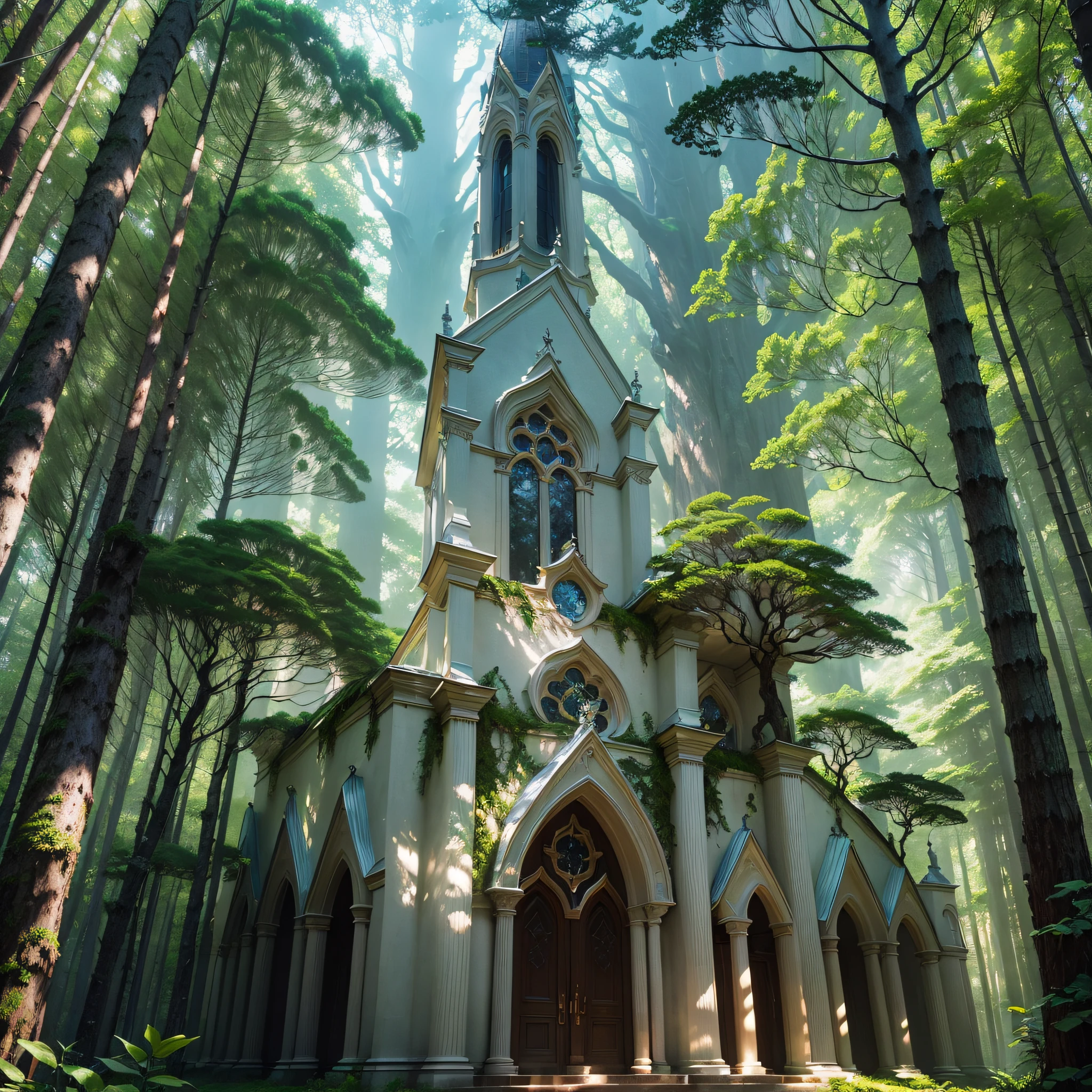 A church of magnificent shapes in a forest whose trees seemed to touch the heavens with their sinuous branches and lush foliage. The filtered light between the canopies created a play of shadows and colors, giving the forest an ethereal and mysterious, almost spiritual aspect. --auto --s2