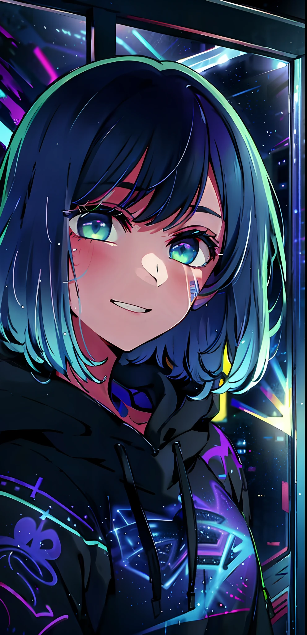 detailed background, masterpiece, best quality, smile, ornament, hoodie, portrait, blue neon, graffiti, dark, night, glowing eyes, blacklight