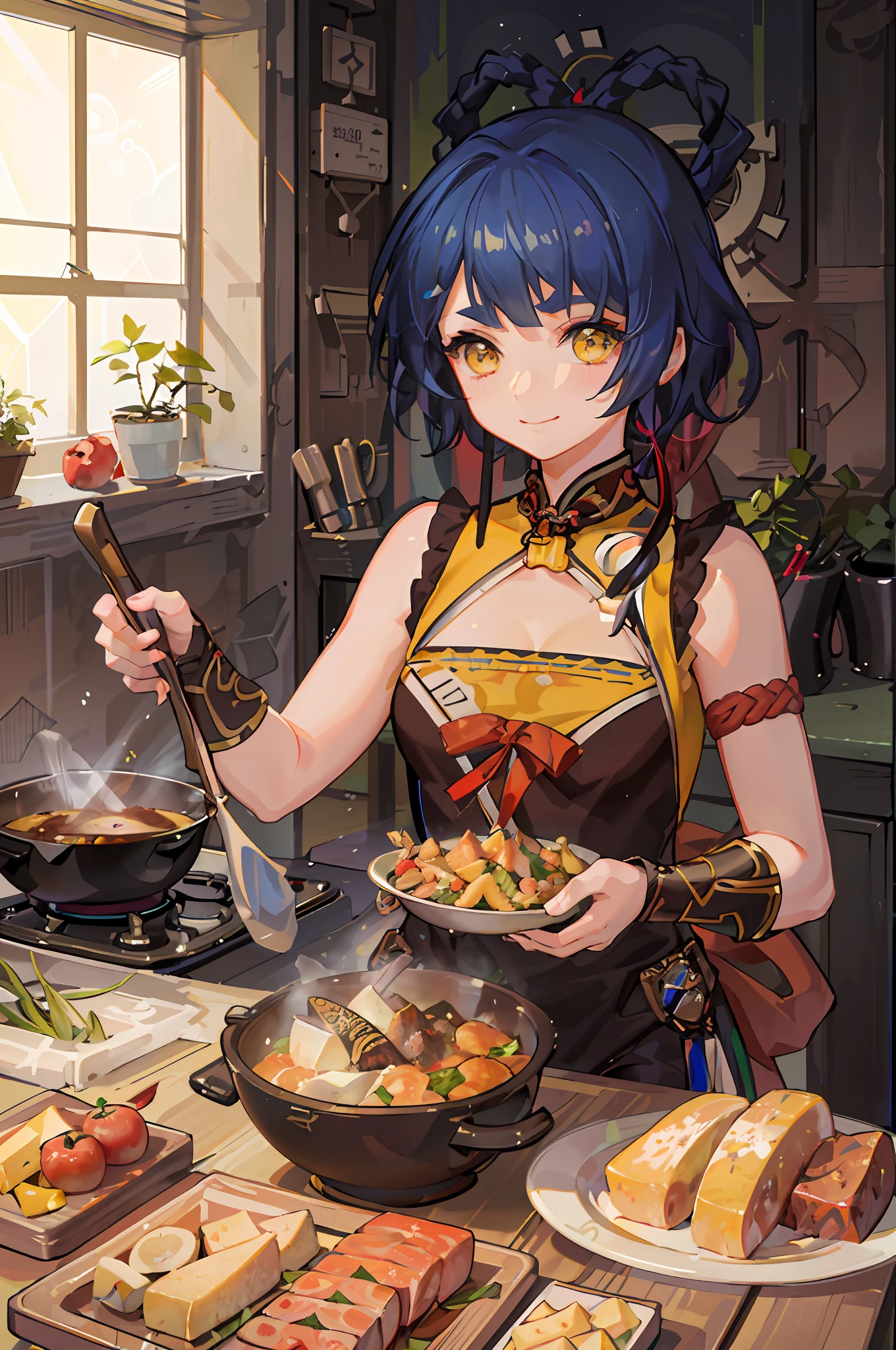 absurdres, highres, ultra detailed, 1girl, solo, extremely detailed eyes, (official art, beautiful and aesthetic:1.2), (1girl), extreme detailed,colorful,highest detailed, short blue hair with 2 braids on top of the head, yellow chinese clothes, cooking in a kitchen, lots of food around