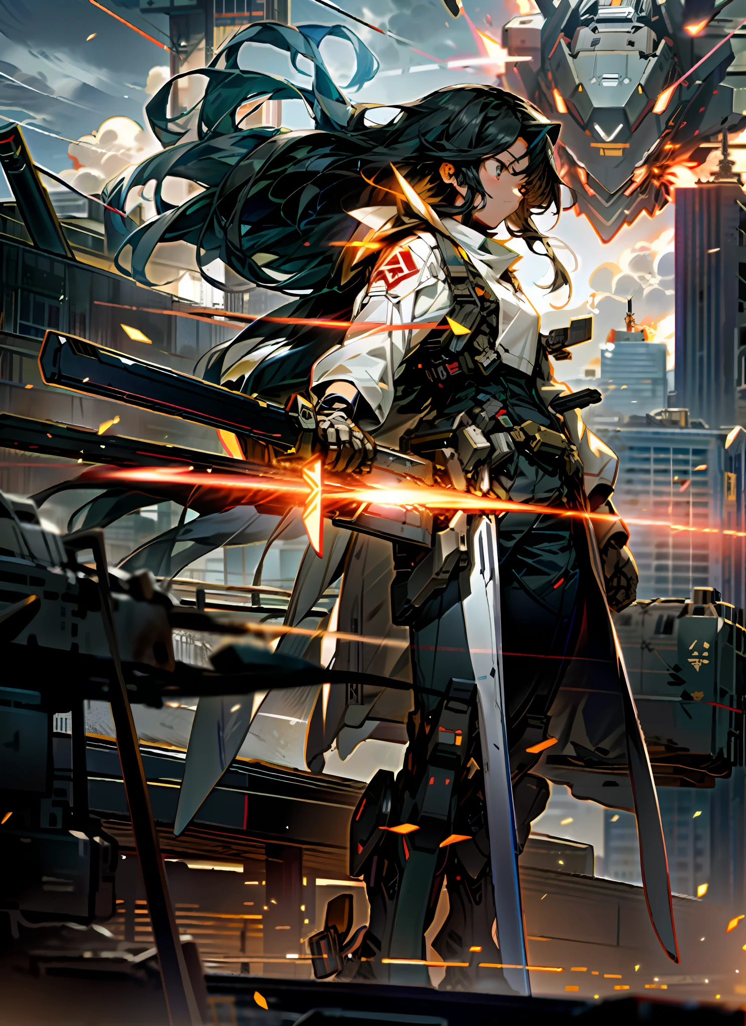 sky, clouds, holding_weapon, glow, robot, building, glowing_eyes, mecha, science fiction, city, reality, mecha, girl, delicate face, long black hair, battle with battleships, explosions, attacks, forbidden spells,
