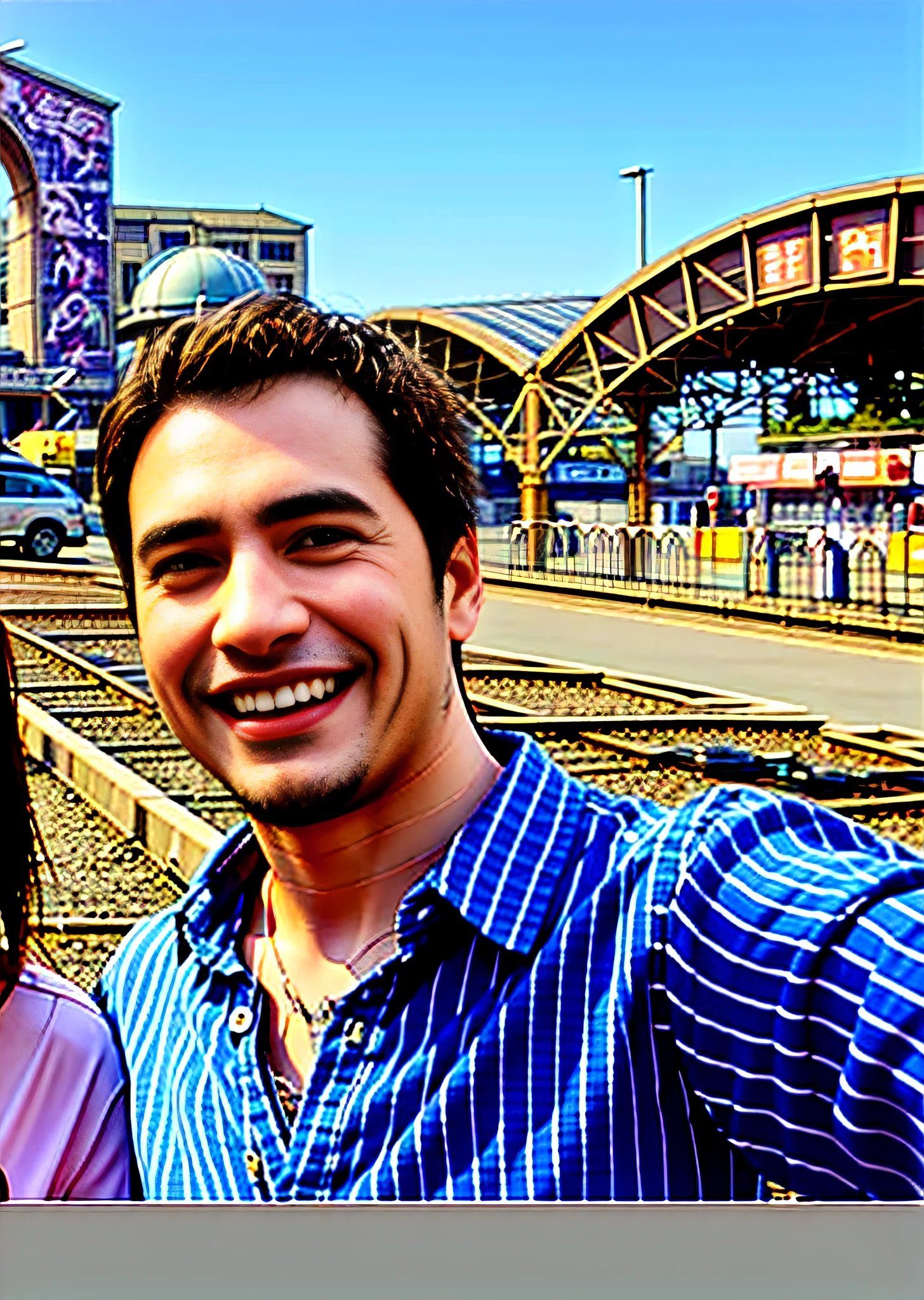 Smiling couple taking selfie in front of a train station, anime, realistic animation style