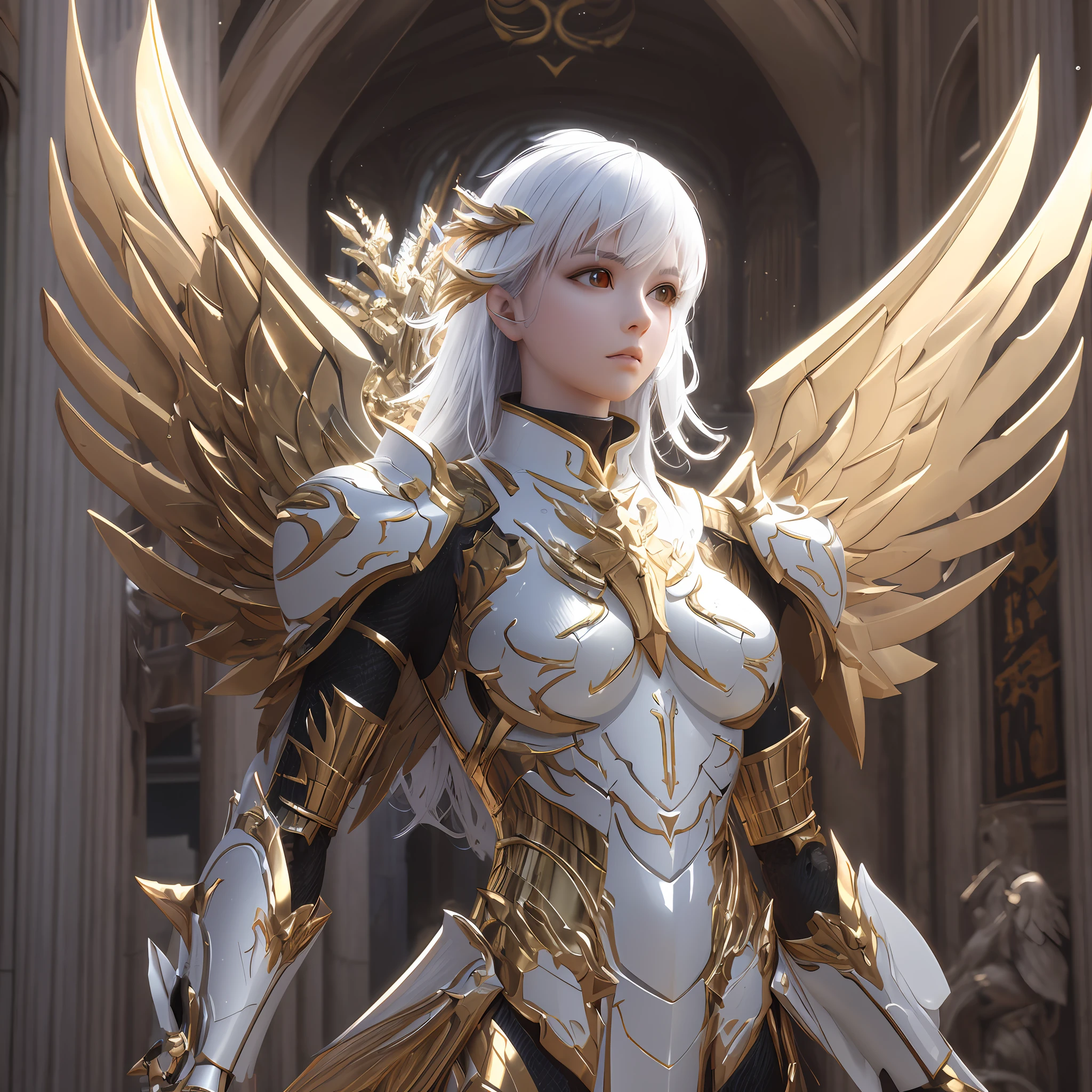 arafed female in armor with wings in a church, angelic golden armor, angel knight girl, angel in plastic armor, ross tran and wlop, 3 d render character art 8 k, chengwei pan on artstation, unreal engine render + a goddess, wlop and ross tran, stunning cgsociety, trending in cgsociety