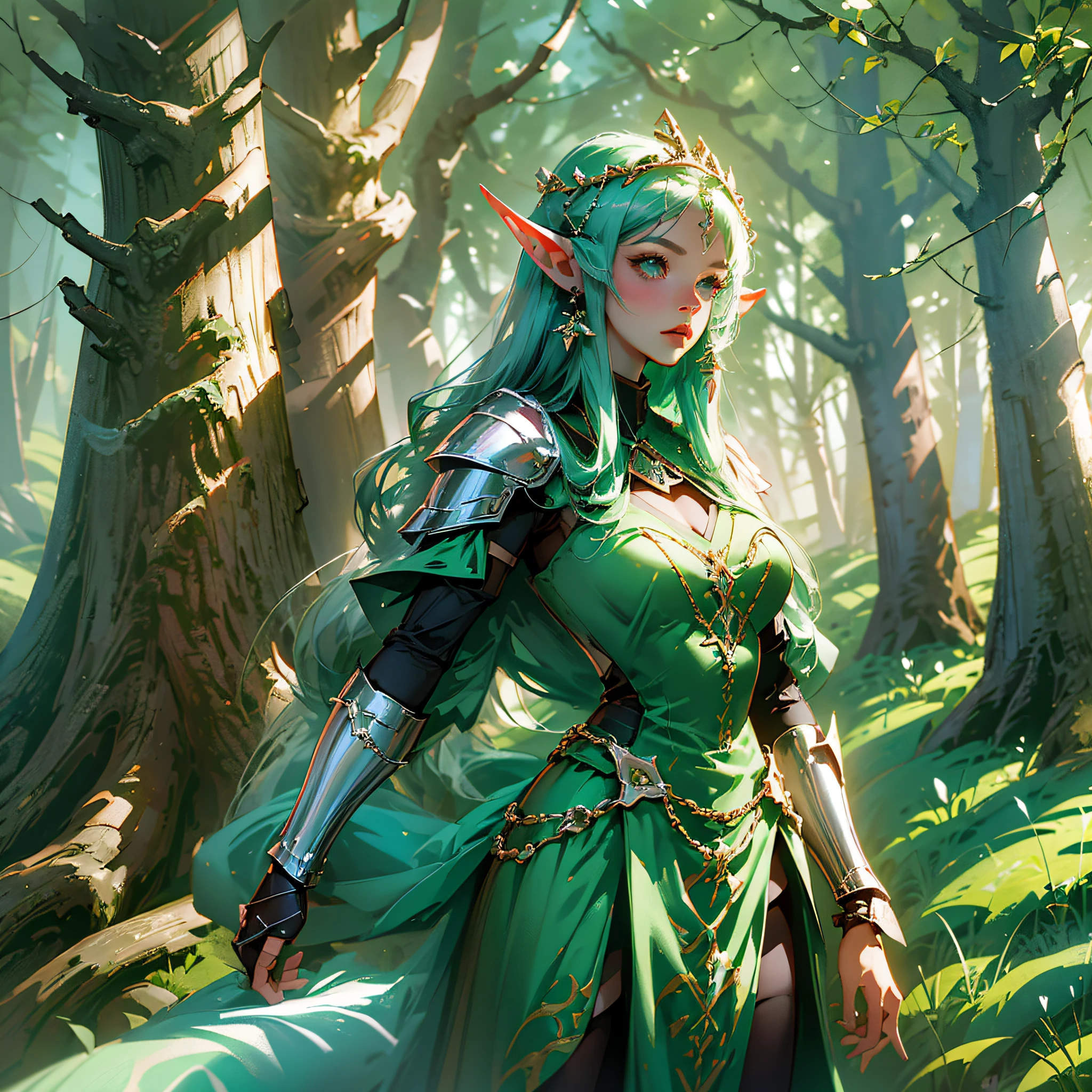 Woman in armor with sword in a forest at night, seductive elf princess knight, elf princess knight, 2. 5d cgi anime fantasy art, elf warrior princess, elf warrior, elf knight, elf princess, elf girl, epic epic elven warrior, epic fantasy art style hd, female elf, epic fantasy art style, elf queen, wallpaper --auto --s2