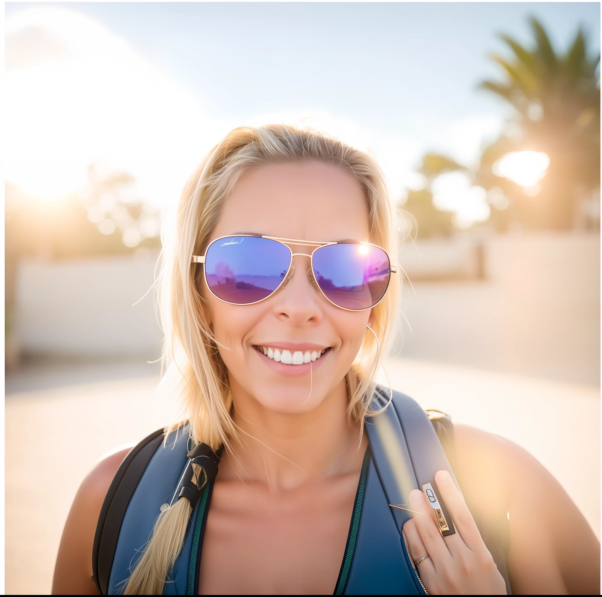 Blonde woman with sunglasses and a backpack smiling for a photo, 4 5 yo, profile picture, 3 0 years Woman, 30 years woman from Cuba, aged 4 0, 40 years Women women, Sandra, 3 0 years old woman, 30 year old woman, smiling happily for the camera, avatar image, Kimberly Asstyn,  Turn into a 30-year-old woman