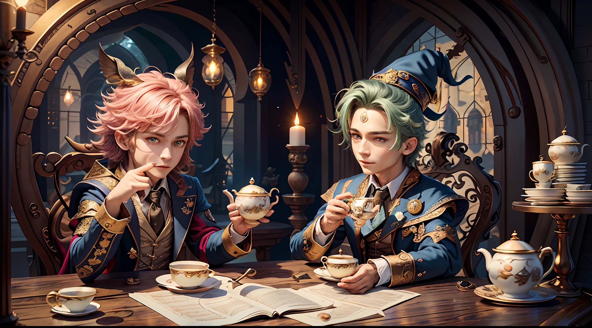 Masterpiece, best quality, wizard tea party, magic tea party, magic, chibi, handsome male witch, highly detailed realistic eyes, happy, energetic, witch, colorful, rich expressions, rich eyes