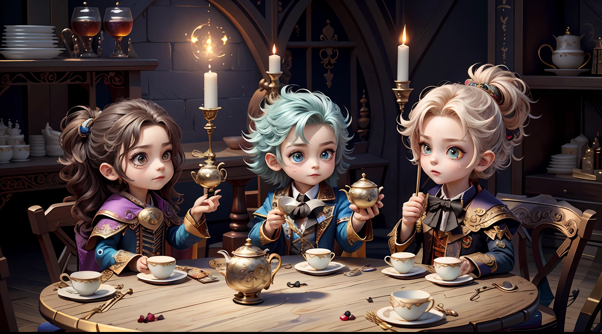 Masterpiece, best quality, wizard tea party, magic tea party, magic, chibi, handsome male witch, highly detailed realistic eyes, happy, energetic, witch, colorful, rich expressions, rich eyes