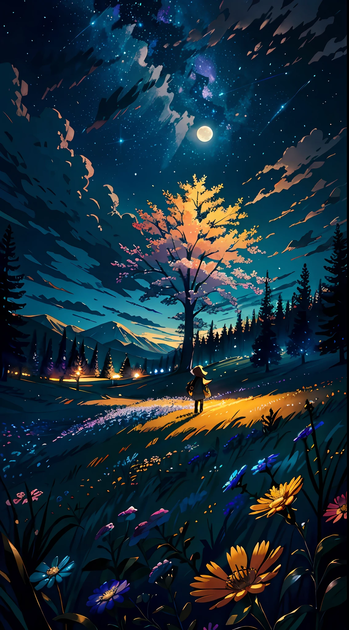 Expansive landscape photograph, (view from below with a view of the sky and the wilderness below), little girl standing in a flower field looking up, (full moon: 1.2), (shooting star: 0.9), (nebula: 1.3), distant mountain, tree break production art, (warm light source: 1.2), (firefly: 1.2), lamp, purple and orange, intricate detail, volume lighting BREAK (masterpiece: 1.2), (highest quality ), 4k, ultra-detailed, (dynamic configuration: 1.4), highly detailed and colorful details (iridescent: 1.2), (sparkling lighting, atmospheric lighting), dreamy, magical, (solo: 1.2)