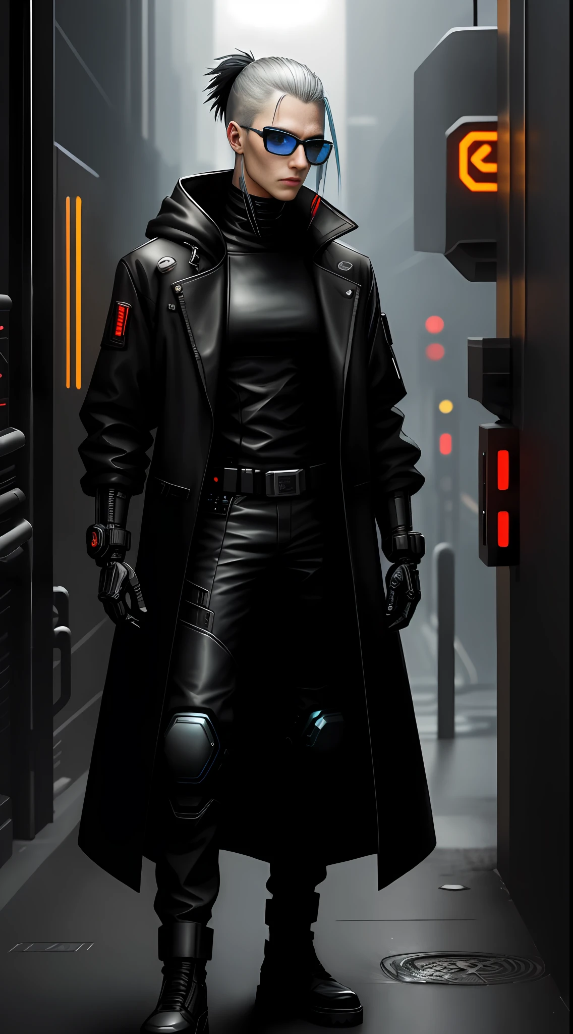High-quality cyberpunk style, mechanical futuristic cyberpunk, slender and sturdy cybernetic humanoid, dressed in a black coat and gloves, and glasses to match the future world.