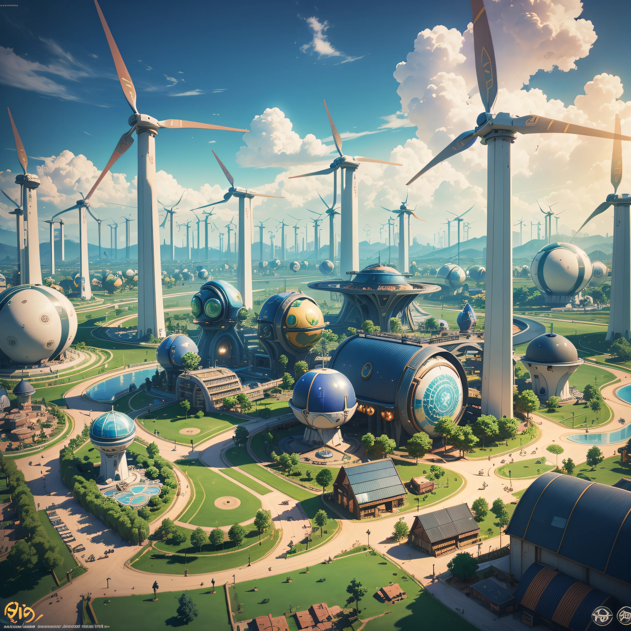 Solarpunk Village with solar panels and wind turbins, Tropicalwave, Terrorwave, Decopunk, Earthcore, Mandala, Rocket League, Promotional image cover art, Board game cover art, profile shot portrait, studio portrait, Tilt-shift, The Foundry VFX, intricate detail, rigorous detail, Intimate lighting, Dreamlike lighting --auto --s2