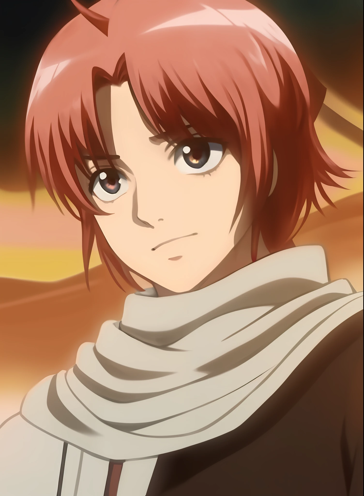 a close up of a person with a scarf on and a scarf around their neck, boromir in an 80\'s anime world, boromir in an anime world, misato katsuragi, rin, tsukasa dokite, katsura masakazu, ikuto yamashita, haibane renmei, red hair