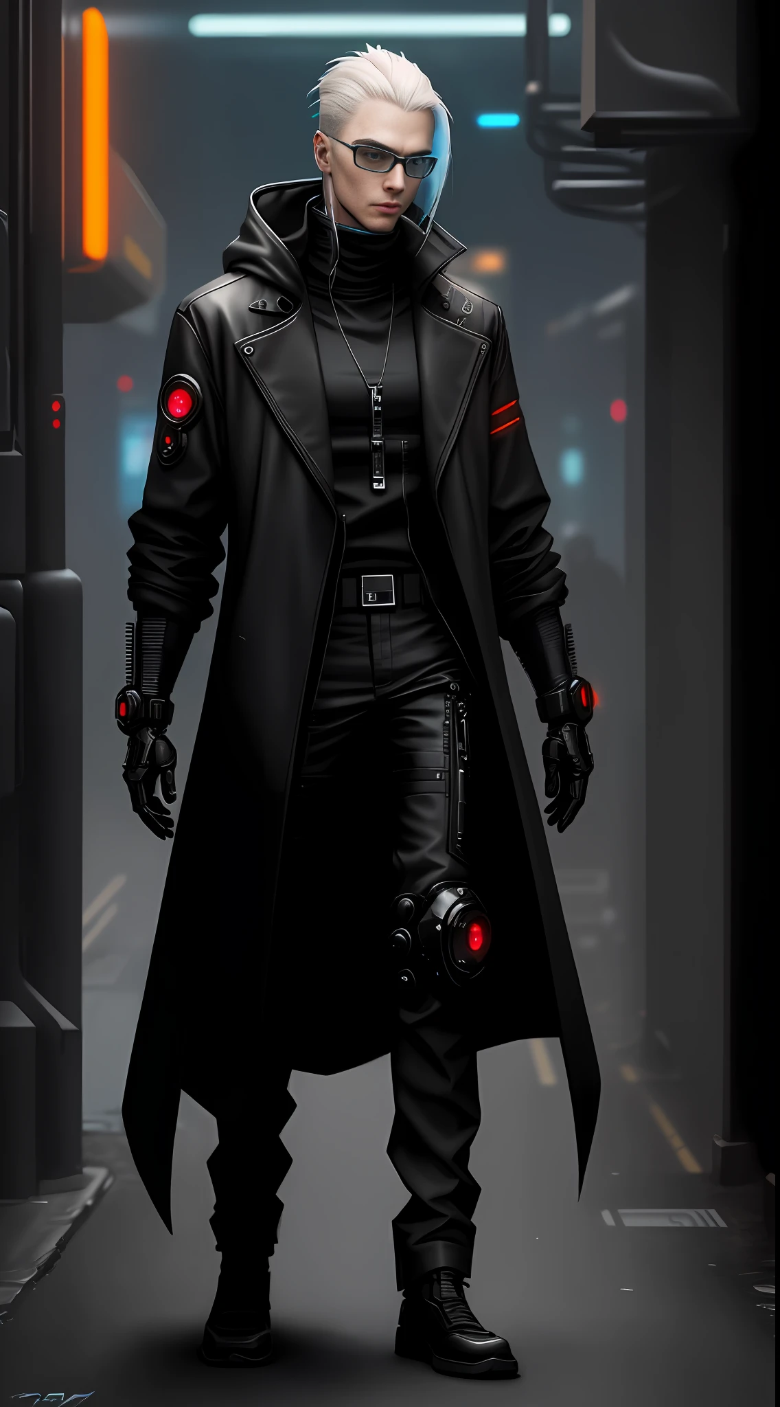High-quality cyberpunk style, mechanical futuristic cyberpunk, slender and sturdy cybernetic humanoid, dressed in a black coat and gloves, and glasses to match the future world.