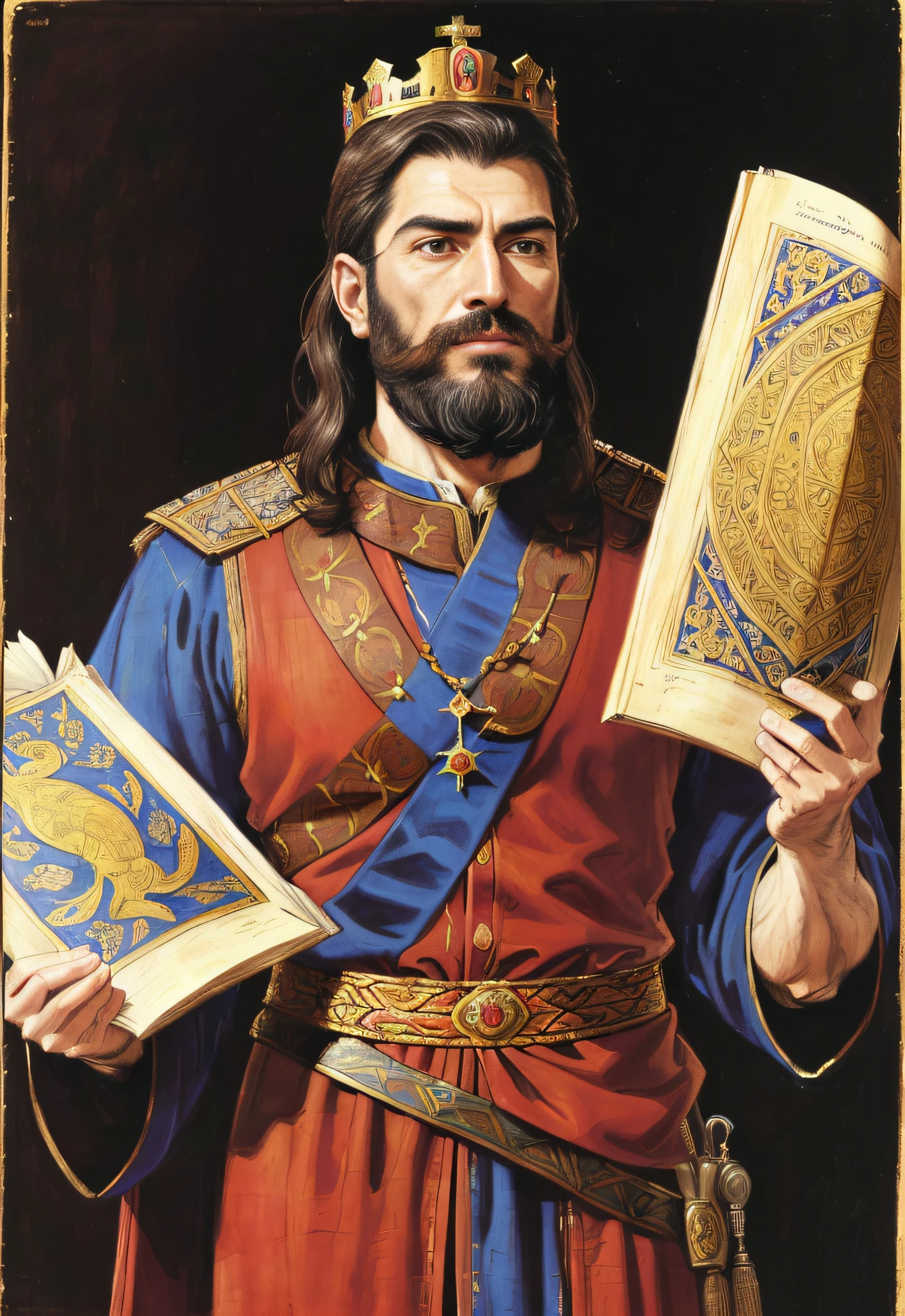 (masterpiece, best quality, ultra-detailed, best shadow), (detailed background, portrait, medieval portrait, comics novel style, Renaissance drawing, expressionless), (detailed beautiful face, masculine features, mature face, strong jaw), (best lighting), ((cinematic light)), colorful, hyper detail, dramatic light, intricate details, (King Darius the Persian, with a scroll in his hands, give prominence to the scroll that is in his hand, beard, brown eyes, short black hair, crown, royal, emperor) characteristic features of a digital drawing