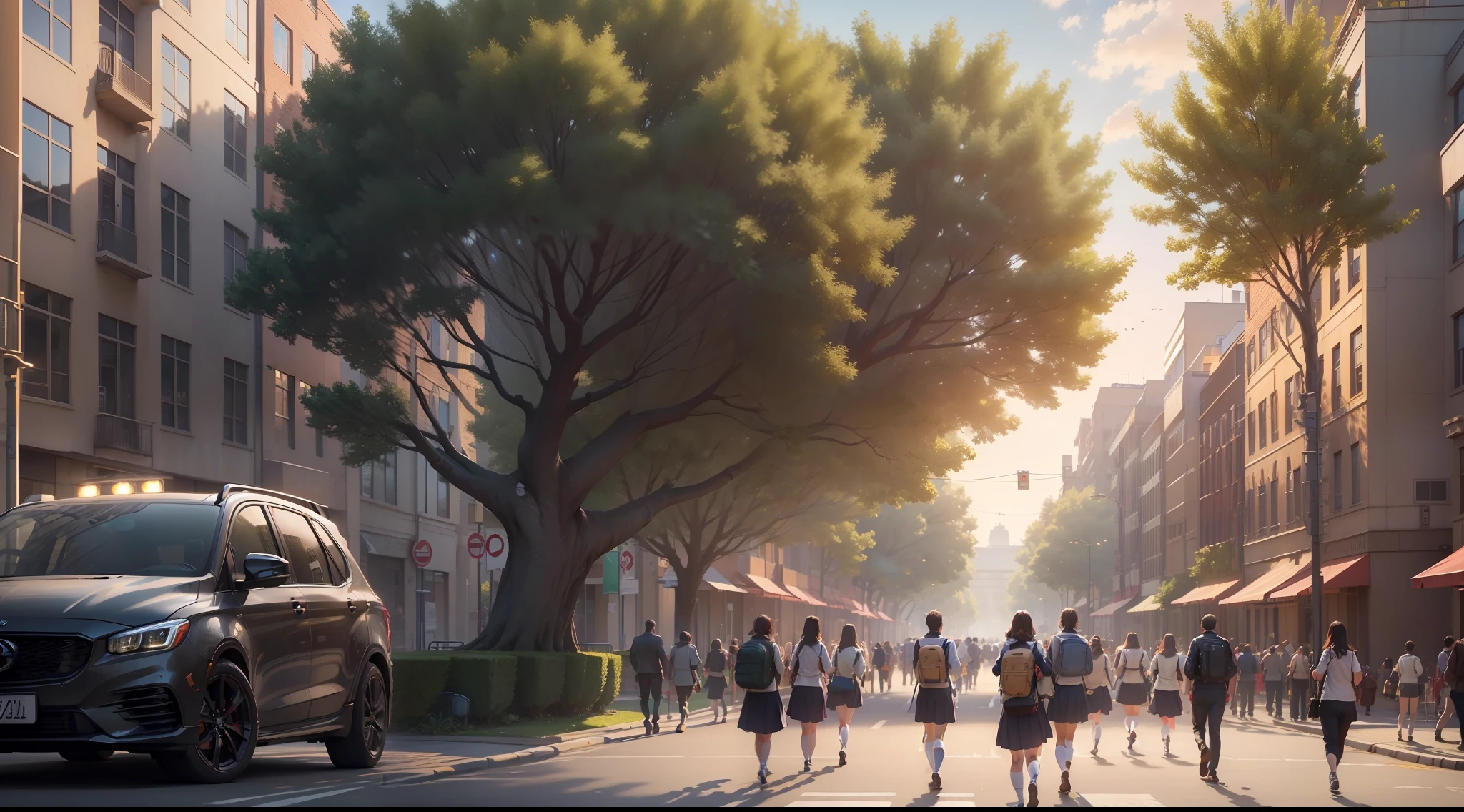 (extremely detailed CG Unity8K wallpaper, masterpiece, best quality, highly realistic, impressive), (best lighting effect, best shadow, very detailed and beautiful), urban streets, school complexes, tree-lined trees, clear sky, bustling crowds, (focus: students), school uniforms, youthful atmosphere, showing the vitality of the moment.