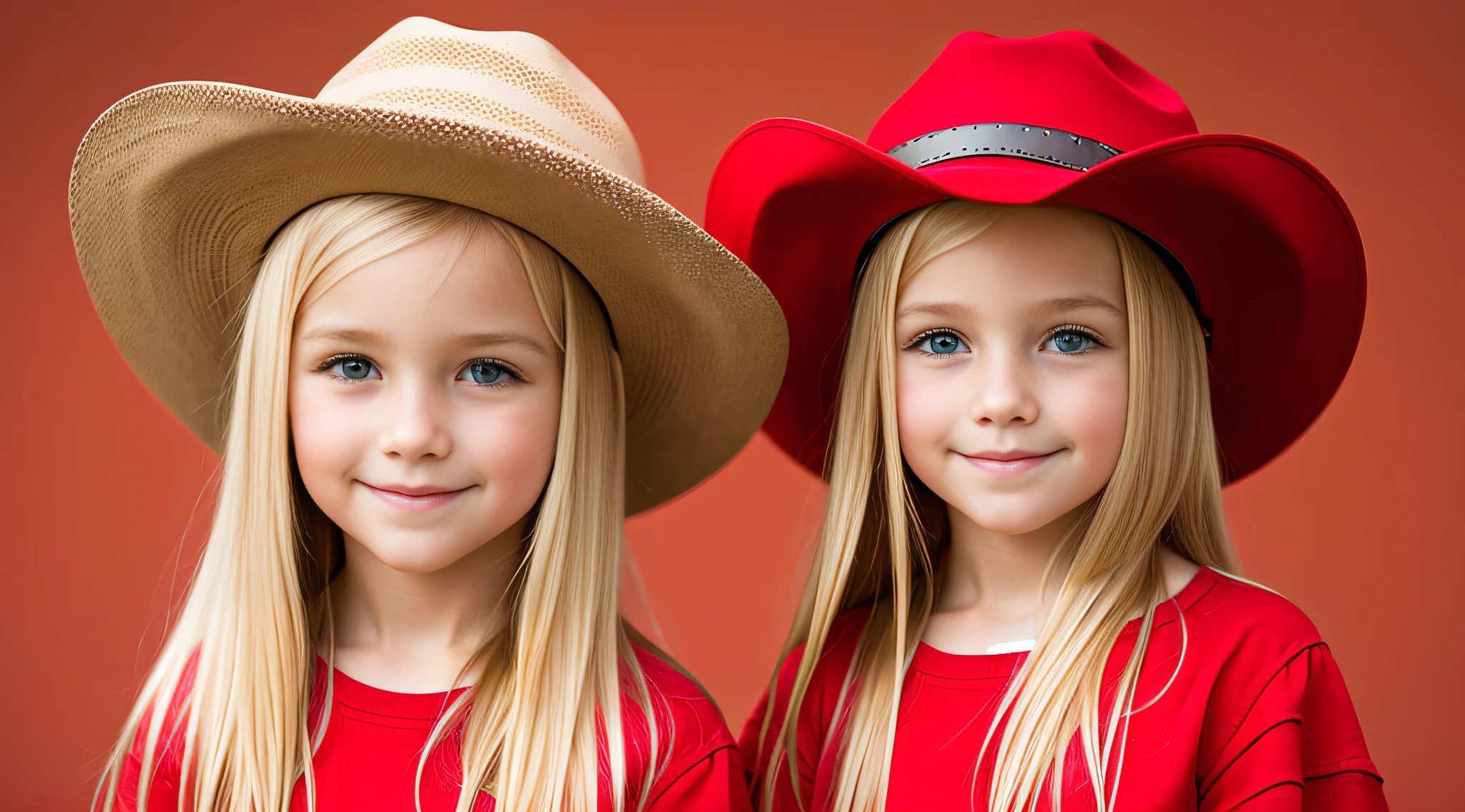 girls blonde children WITH STRAIGHT HAIR, RED BACKGROUND,COWBOYS HAT