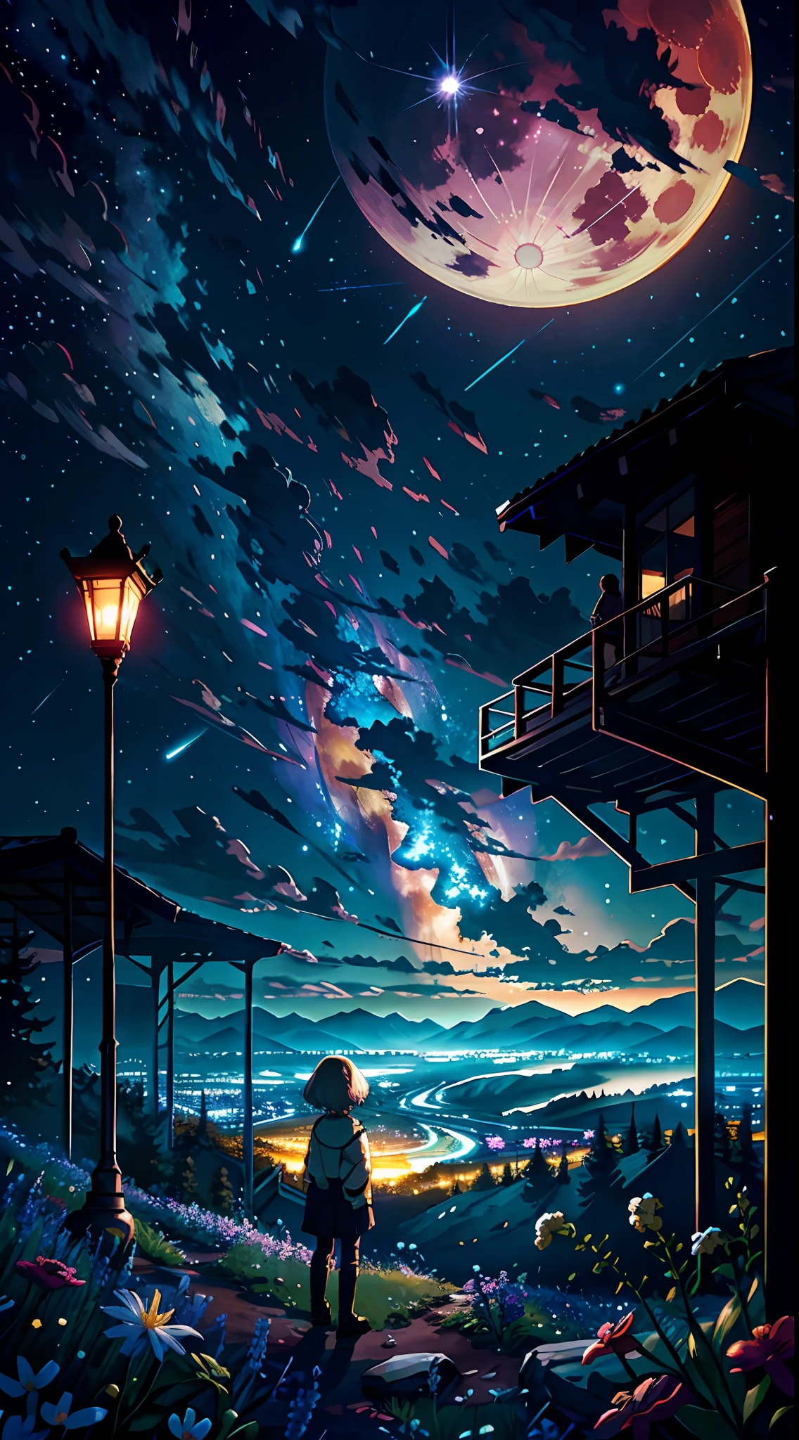 Expansive landscape photograph, (view from below with a view of the sky and the wilderness below), standing in a flower field looking up, (full moon: 1.2), (shooting star: 0.9), (nebula: 1.3), distant mountain, tree break production art, (warm light source: 1.2), (firefly: 1.2), lamp, purple and orange, intricate detail, volume lighting BREAK (masterpiece: 1.2), (highest quality ), 4k, ultra-detailed, (dynamic configuration: 1.4), highly detailed and colorful details (iridescent: 1.2), (sparkling lighting, atmospheric lighting), dreamy, magical, (solo: 1.2)
