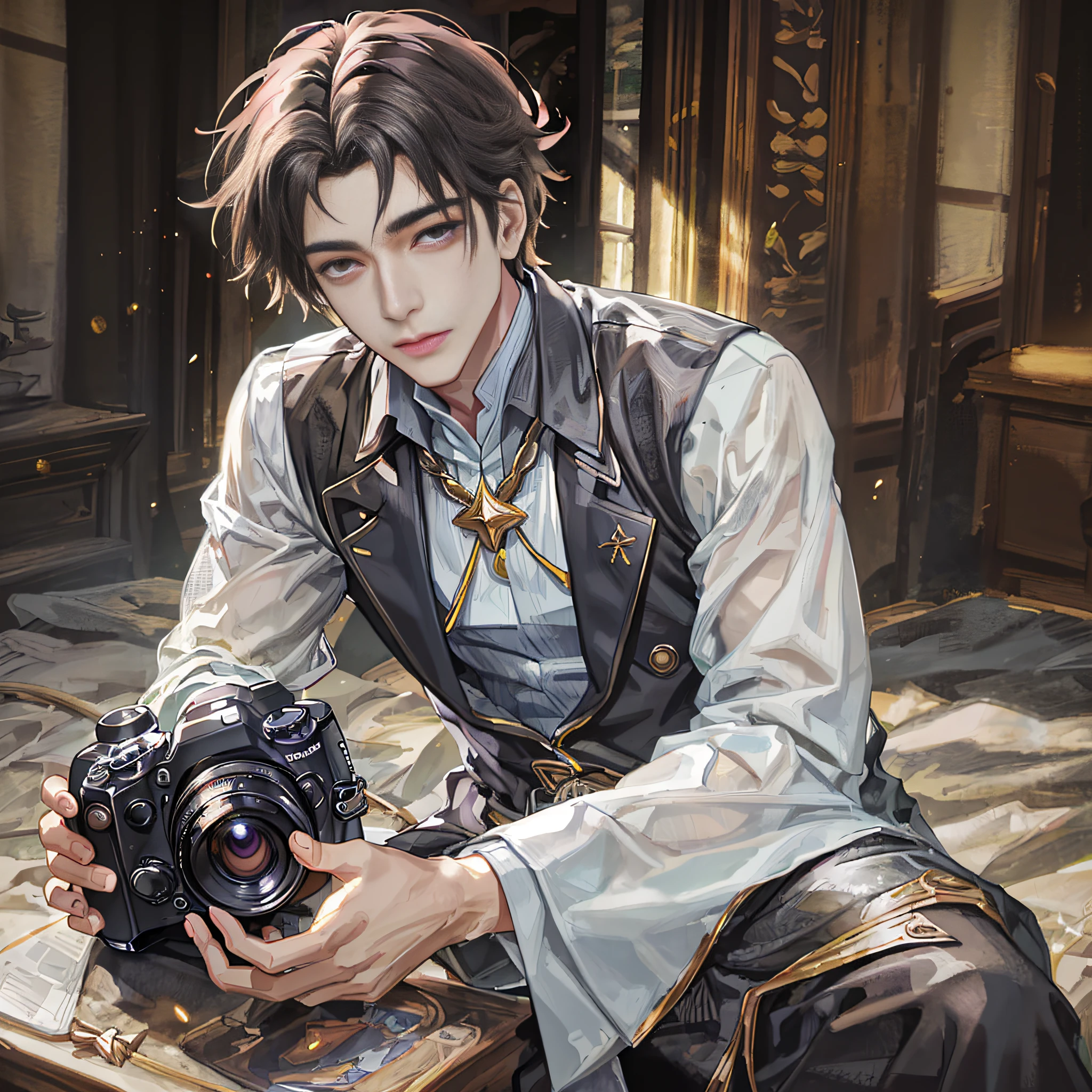 Handsome young man with Nikon camera photographer Fashionable dress, smile, confidence, elegance
