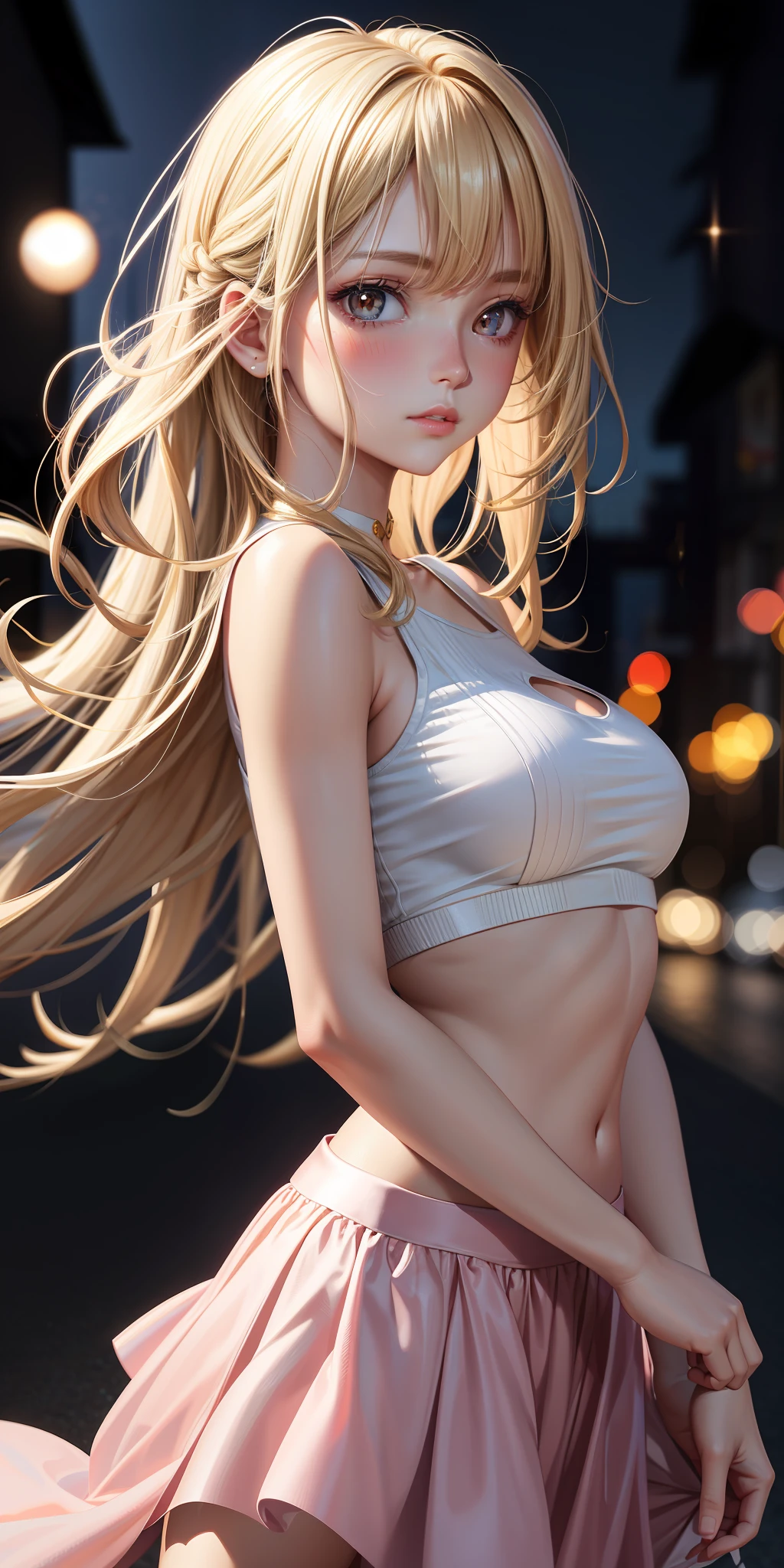 realistic, 1girl, blonde hair, brown eyes, glowing eyes, white crop top, beige skirt, parted lips, blush, night, pink roses, sun, sunlight