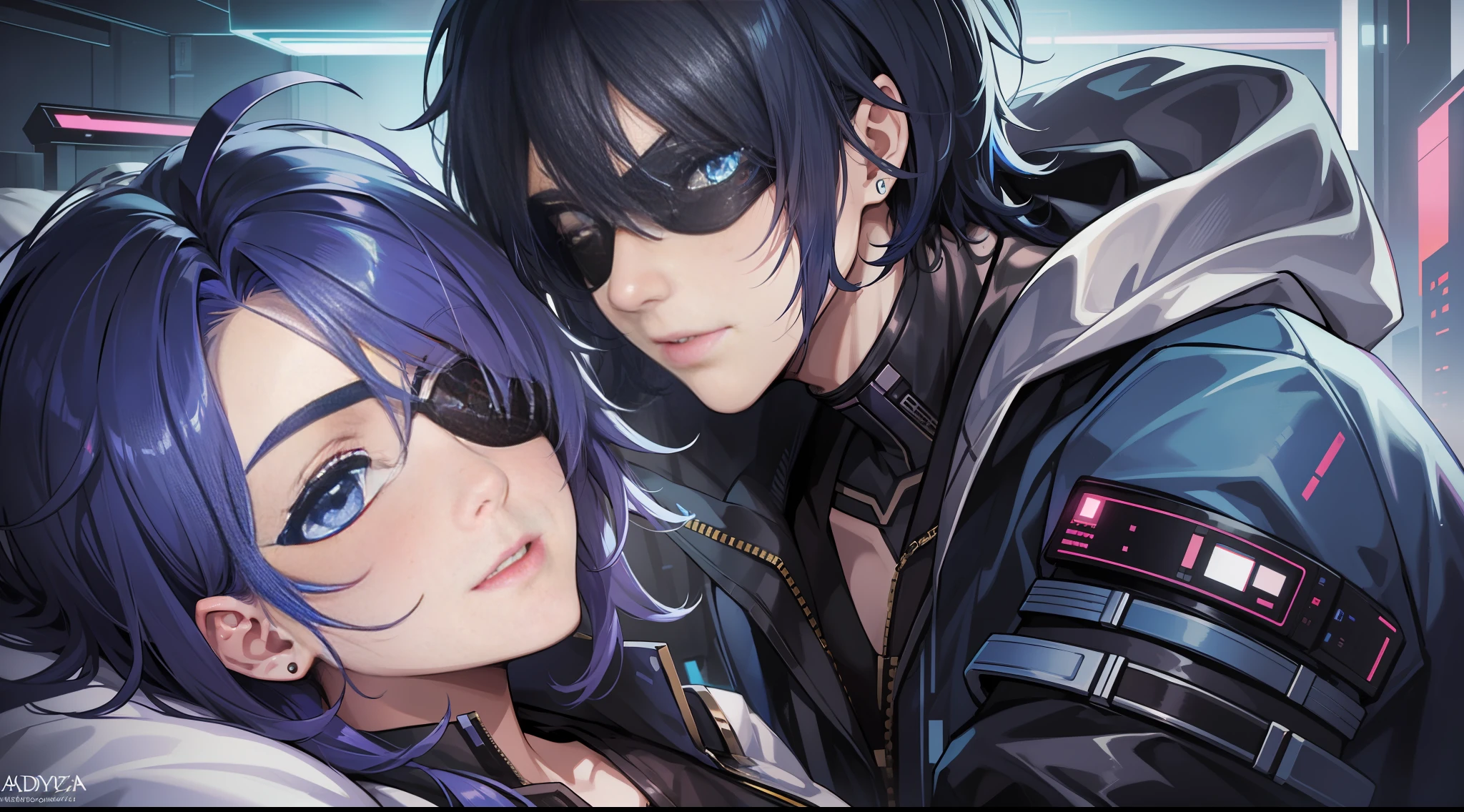 2 males, future, ((cyberpunk))), {{{(Kaeya), (dark blue hair), (one-eyed), (eyepatch), (glowing clothes)}}}, in bed