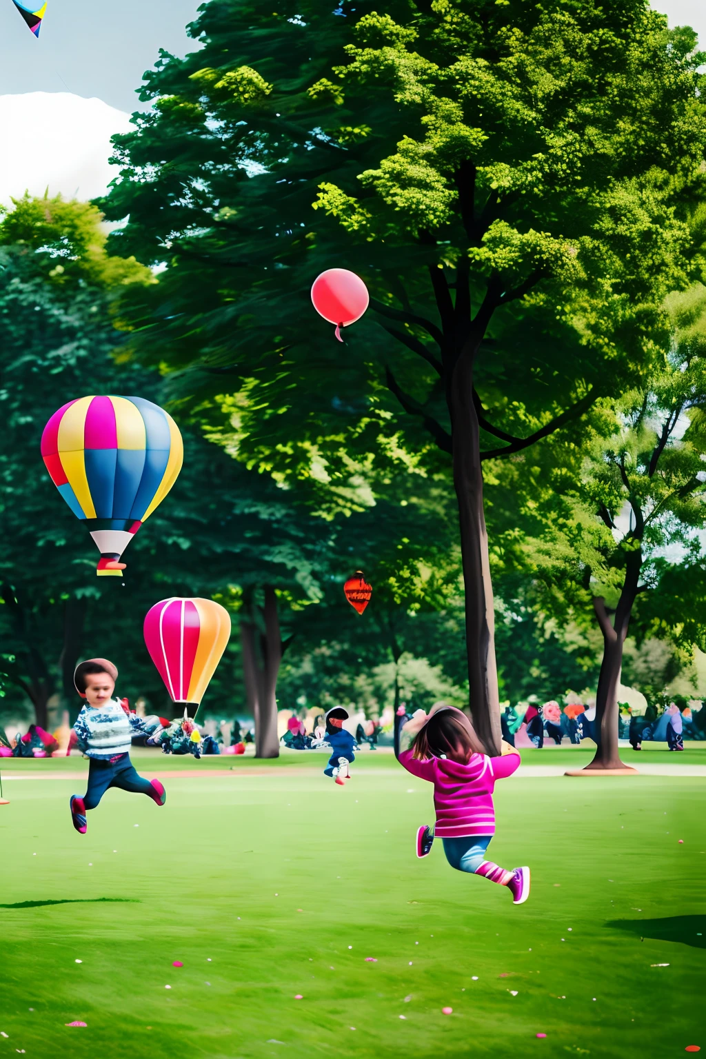 children playing in a park, kite, balloon, ball, slide, jump jumps, swing