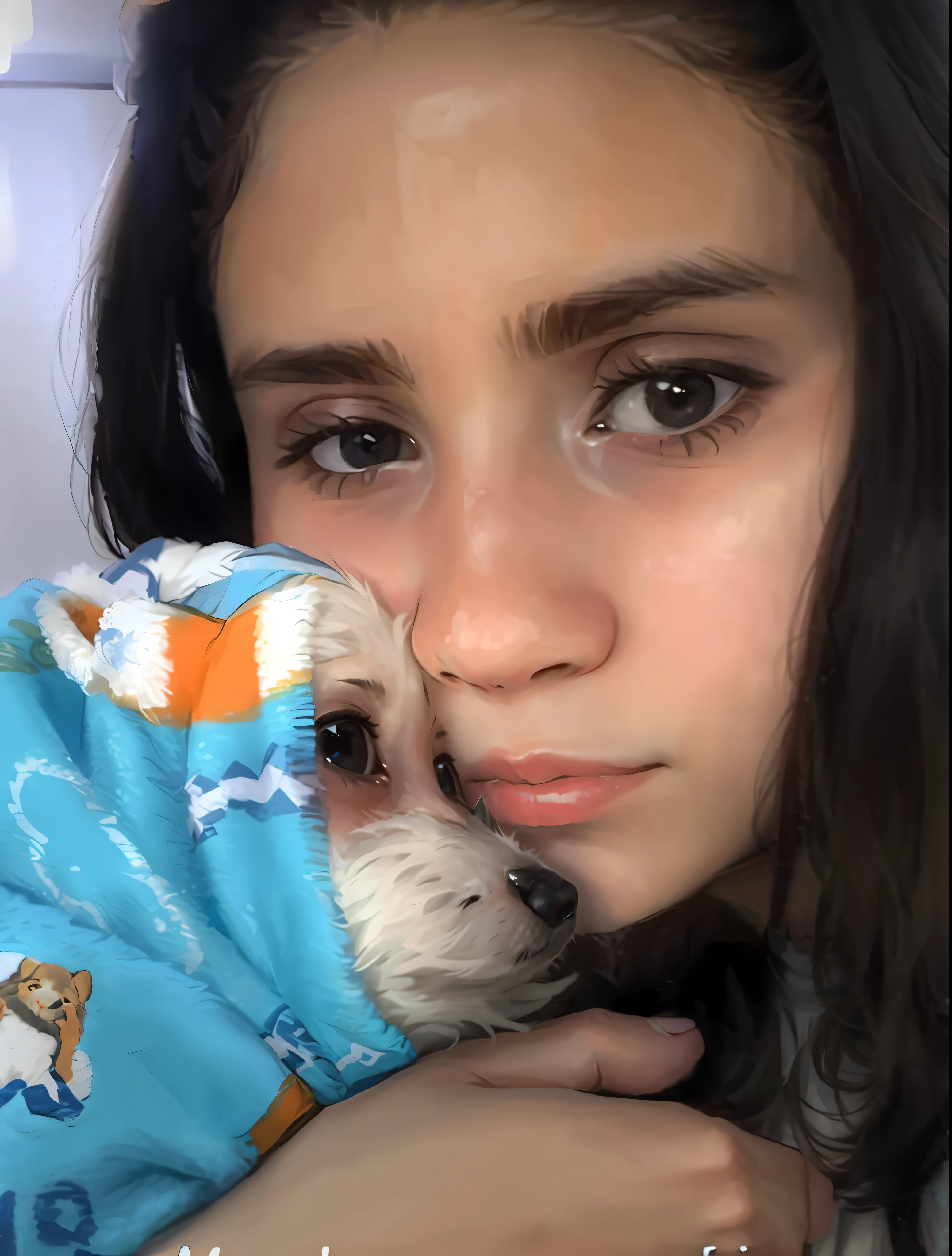 ((beautiful child)),profile picture, best quality standards, cozy blanket, small dog, cuddled in the arms, cute, 11 years old.