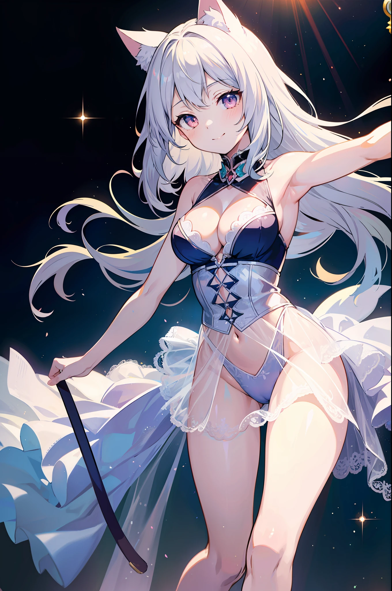 Masterpiece, top quality anime illustration, super detailed, single girl, solo, beautiful girl with silver hair, anime , cat ear lolile color night color see-through dancer costume, smile, cleavage enhancement, bare skin lower breast enhancement, thigh focus