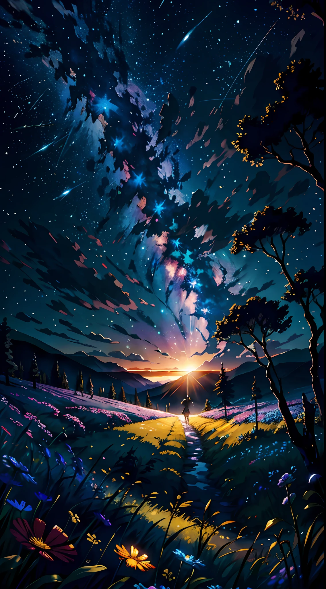 Expansive landscape photograph, (view from below with a view of the sky and the wilderness below), girl standing in a flower field looking up, (full moon: 1.2), (shooting star: 0.9), (nebula: 1.3), distant mountain, tree break production art, (warm light source: 1.2), (firefly: 1.2), lamp, purple and orange, intricate detail, volume lighting BREAK (masterpiece: 1.2), (highest quality ), 4k, ultra-detailed, (dynamic configuration: 1.4), highly detailed and colorful details (iridescent: 1.2), (sparkling lighting, atmospheric lighting), dreamy, magical, (solo: 1.2)