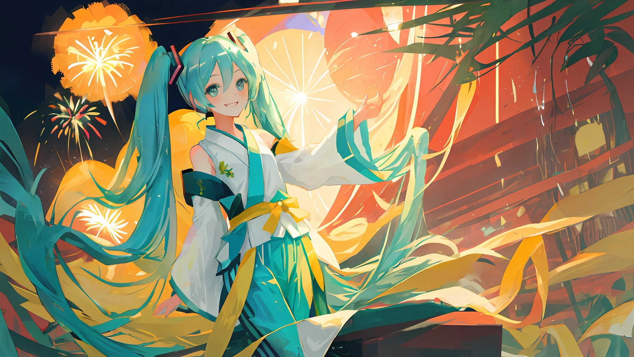 Hatsune Miku, cute, thin, beautiful, smile long, yukata, summer, fireworks