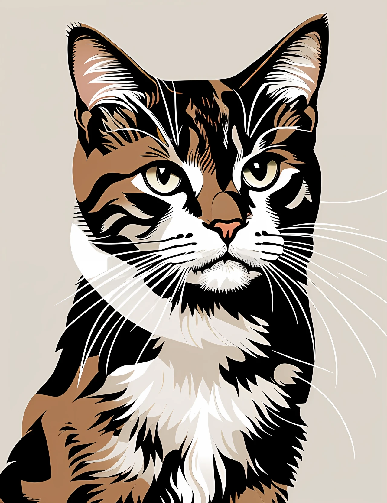 a vector for minimalist print with a stylized cat as the main element. The cat is represented in a geometric way, with smooth lines and simplified shapes. The background of the print is white, providing a sharp contrast with the main element. Pixel: 640x480, Resolution: 1, Sampling method: DDIM, Number of simulation and integration steps: 15, CFG scale: 5, Seed: 123, Upscale: 1. Tags: masterpiece , vector , print , cat , minimalist --auto --s2