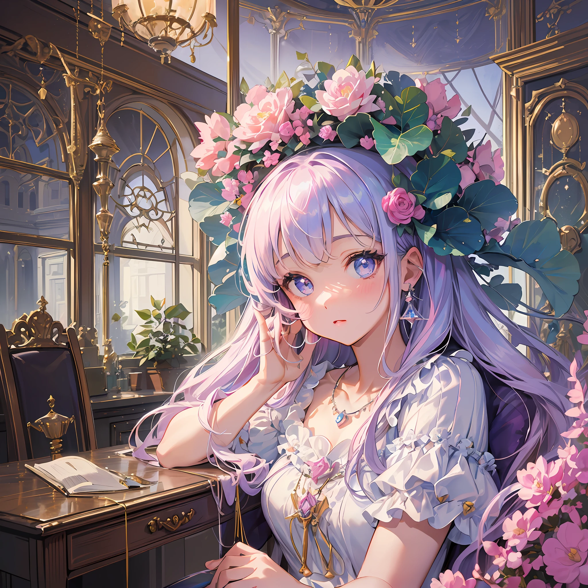 Masterpiece, Top Quality, Illustration, Sax Blue, Platinum Earrings, Platinum Necklace, White Dress, 1girl, Cute, (Dynamic Lighting:1.2), Cinematic Lighting, Delicate Facial Features, Detailed Eyes, Sharp Pupils, Realistic Pupils, Depth of Field, Bokeh, Sharp Focus, (Ultra Detailed, Bloom, Glow:1.4), Many Little Gems, (in the messy room:1.3),(cute interior:1.5),(pink room),window,kawaii room,canopy,frills,pink chair,(baldachin:1.5),(Foliage plant:1.2),(chesterfield chair:1.5),