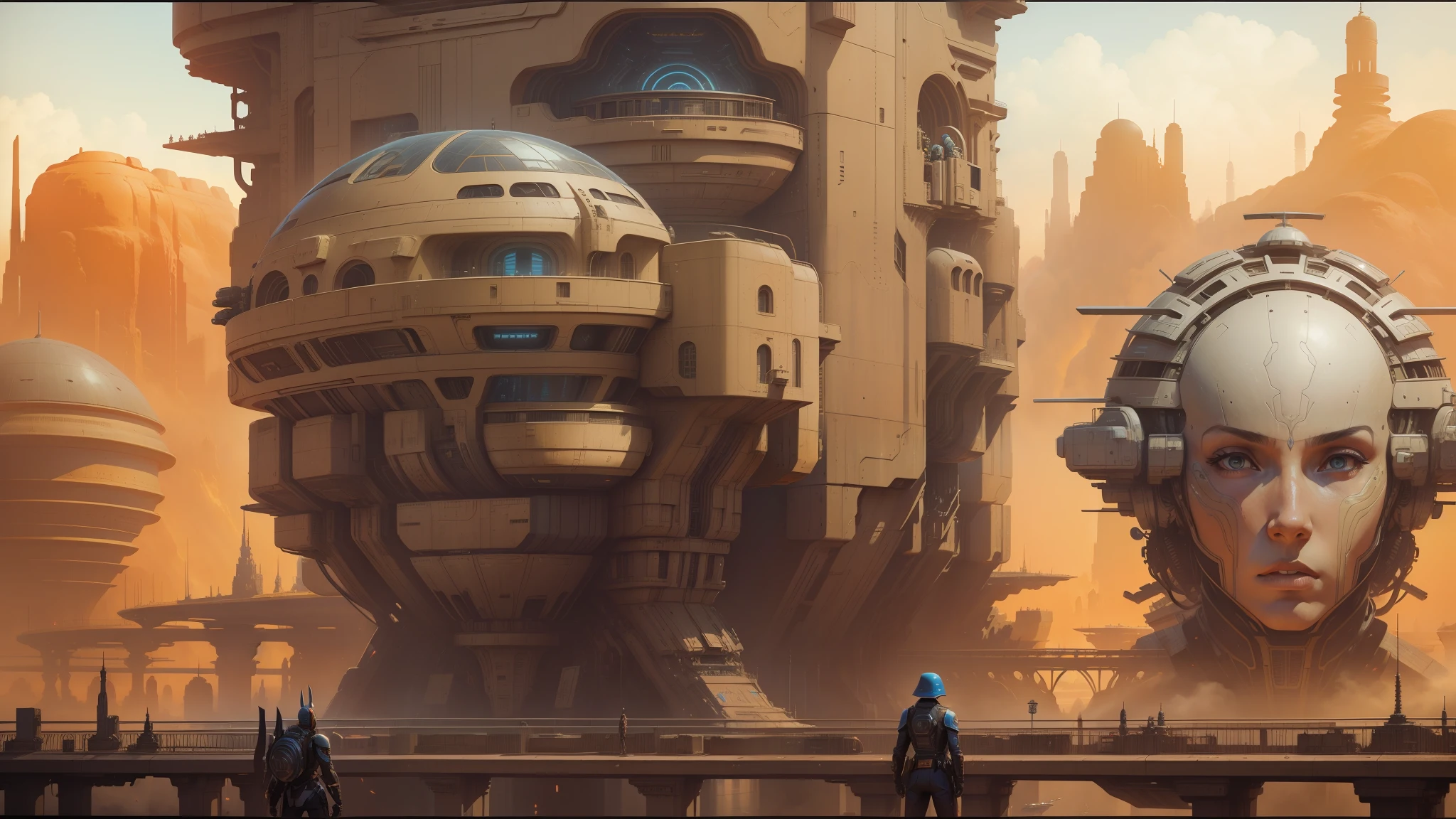 there is a painting of a futuristic city with a giant robot head, jodorowsky's dune, insanely detailed matte painting, peter gric and dan mumford, intricate matte painting, jodorowsky's dune movie, style of john harris, jean giraud 8 k, hyperdetailed matte painting, intricate environments, stunning sci-fi concept art, cgsociety ) --auto --s2