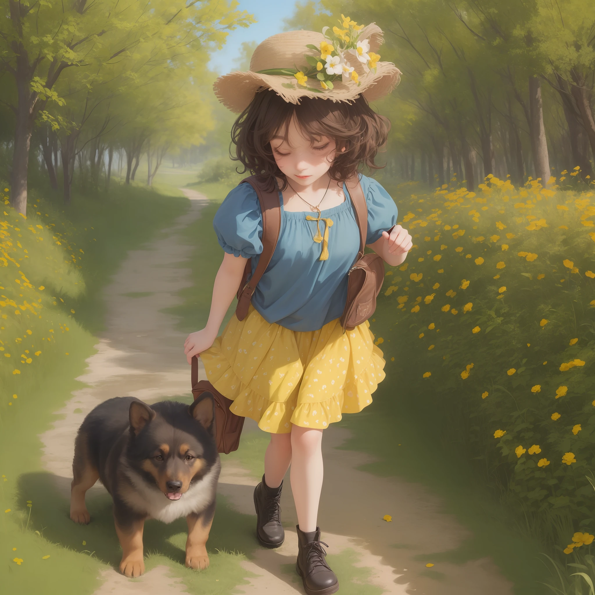 A with curly brown hair, incredibly charming carrying a backpack, accompanied by her adorable German shepherd puppy in yellow color, enjoying a lovely spring walk surrounded by beautiful yellow flowers and natural landscapes. The illustration is in high definition in 4k resolution, with highly detailed facial features and cartoon-style visuals. --auto --s2