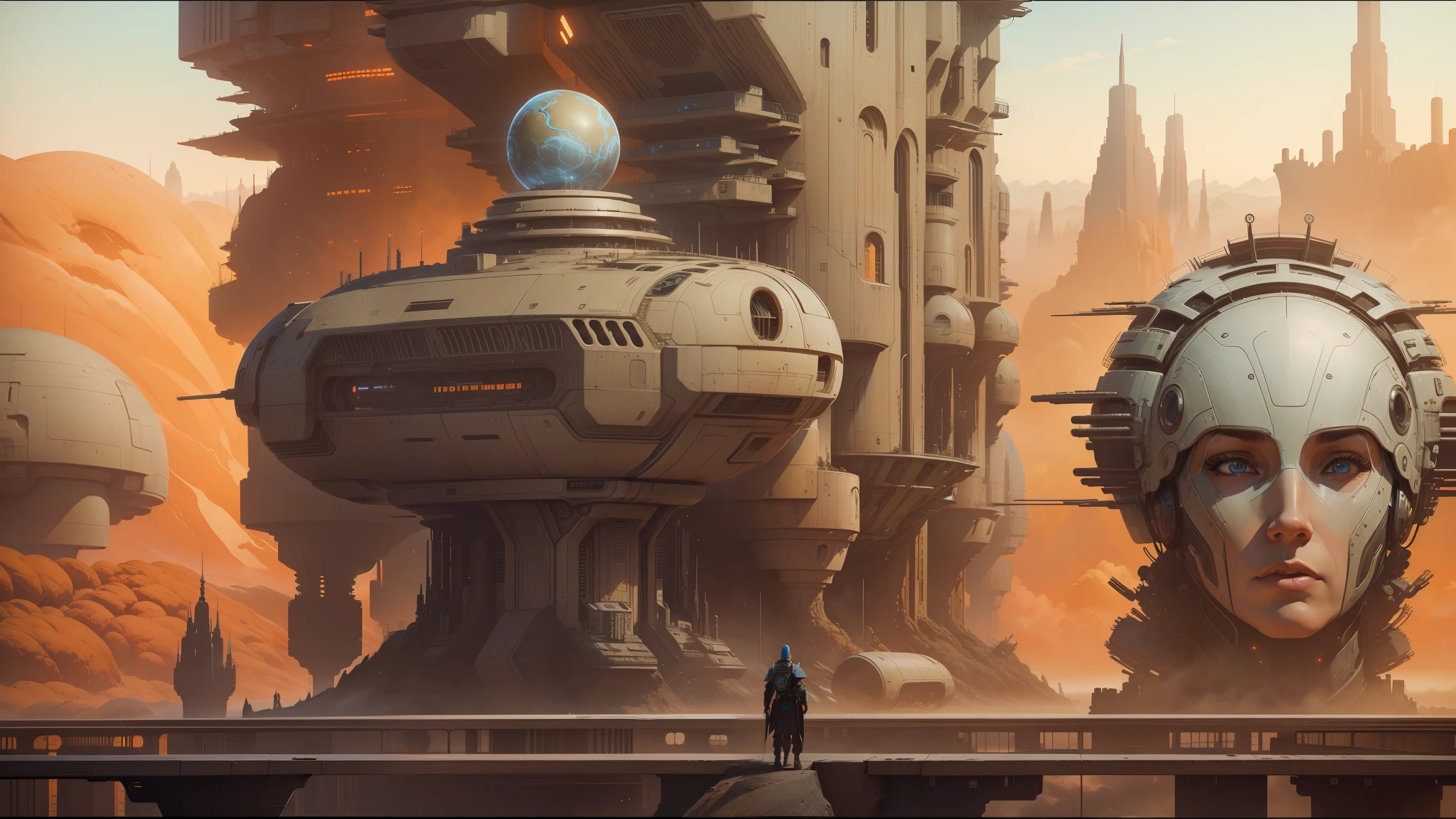 there is a painting of a futuristic city with a giant robot head, jodorowsky's dune, insanely detailed matte painting, peter gric and dan mumford, intricate matte painting, jodorowsky's dune movie, style of john harris, jean giraud 8 k, hyperdetailed matte painting, intricate environments, stunning sci-fi concept art, cgsociety ) --auto --s2