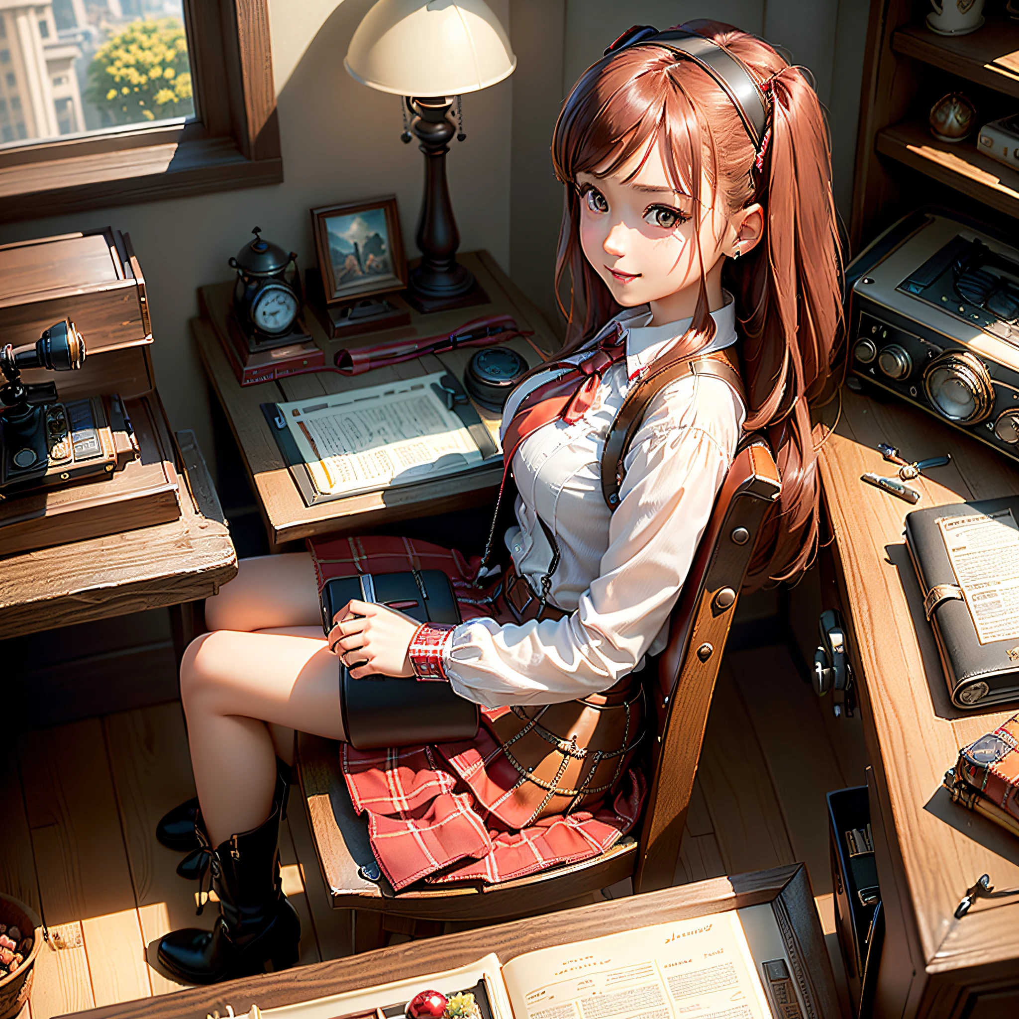 (Masterpiece, Best Quality, Best Resolution, distinct_image, Very Elaborate CG, Cinematic Lighting, Ray Tracing, Drop Shadows, Detailed Detail, (Photorealistic: 1.4), High Quality Textures, Detailed, Realistic Face Expression): (Girl Alone, Face Japan People, (Crimson Long Hair: 1.2), Small Size Breasts, Sparkly red eyes, eye level shots, happy smile, beauty, slim body, holiday, own room, console games, computer, display, keyboard, mouse, red checked skirt, white shirt with collar, leather vest, cardian, handgun holder, leather bag on back, long boots, antique radio, coffee, Model Train, Bookcase, Wooden Chair, Pot, Fan, Painting, Stuffed Animal, Tie, Notebook, Stationery, Vase, Photo Frame, Letter, Fountain Pen, Calendar, Lamp, Cushion, Basket, Profile Mirror, Candle, Newspaper, Sweets, Park View Outside the Window, Telephone, Fruit, Telescope, Retro TV)