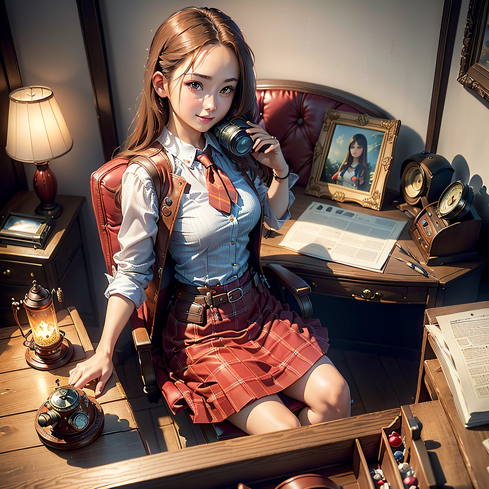 (Masterpiece, Best Quality, Best Resolution, distinct_image, Very Elaborate CG, Cinematic Lighting, Ray Tracing, Drop Shadows, Detailed Detail, (Photorealistic: 1.4), High Quality Textures, Detailed, Realistic Face Expression): (Girl Alone, Face Japan People, (Crimson Long Hair: 1.2), Small Size Breasts, Sparkly red eyes, eye level shots, happy smile, beauty, slim body, holiday, own room, console games, computer, display, keyboard, mouse, red checked skirt, white shirt with collar, leather vest, cardian, handgun holder, leather bag on back, long boots, antique radio, coffee, Model Train, Bookcase, Wooden Chair, Pot, Fan, Painting, Stuffed Animal, Tie, Notebook, Stationery, Vase, Photo Frame, Letter, Fountain Pen, Calendar, Lamp, Cushion, Basket, Profile Mirror, Candle, Newspaper, Sweets, Park View Outside the Window, Telephone, Fruit, Telescope, Retro TV)