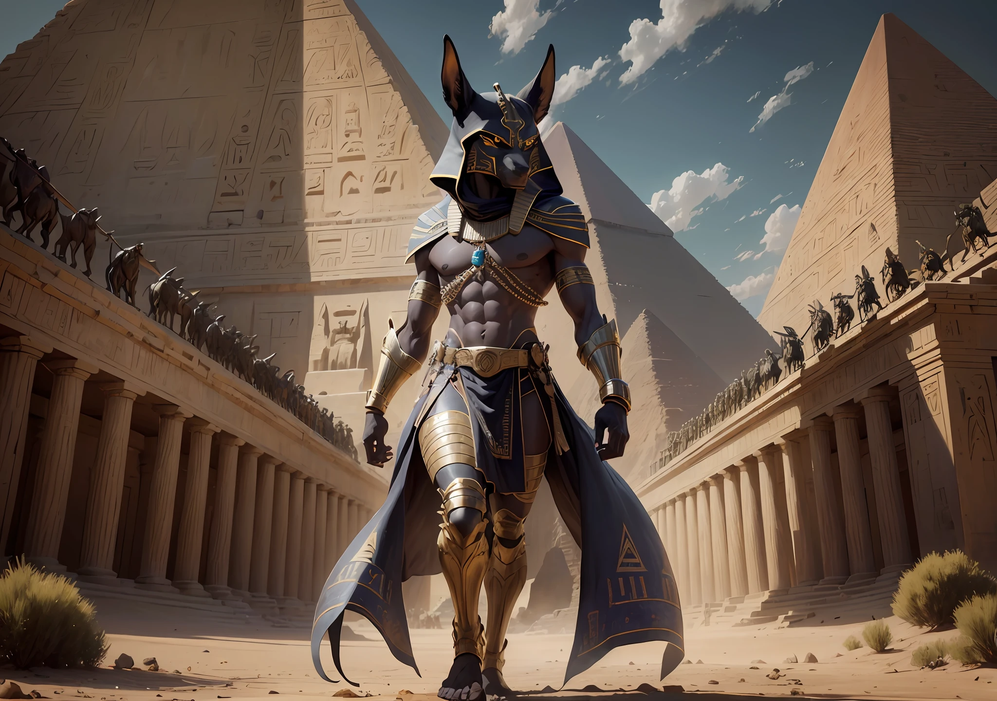 (man), (ultra-realistic), (cinematic), (oil painting), (8k), (super detailed), (full body), (detailed hands), (detailed feet) Anubis, fierce, jackal head,1 black warrior man, male body, egyptian sword, egyptian god, scenery of the pyramids of Egypt, --ar 3:2 --no drawin, --no deformation members --auto --s2