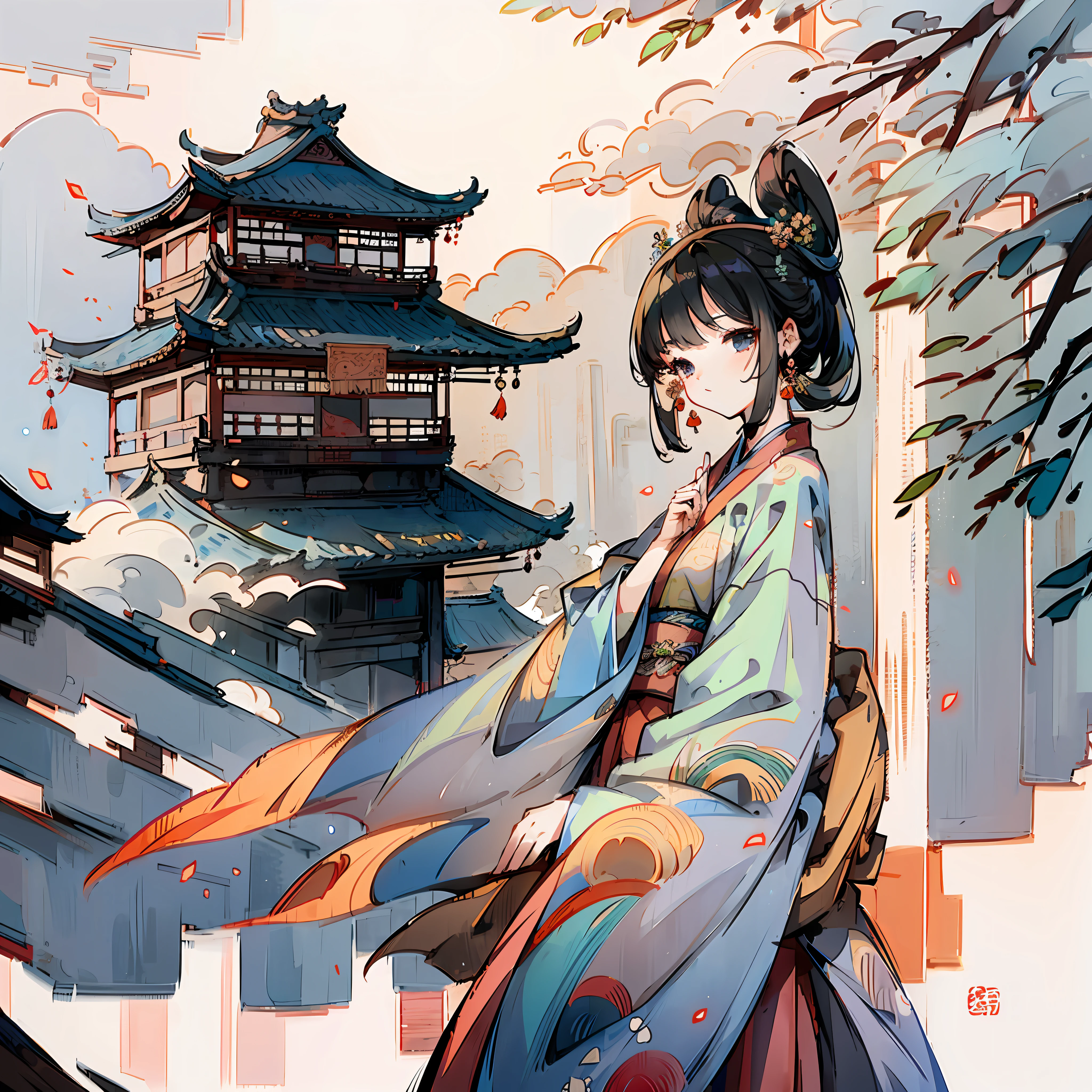 a beauty girl ,wear gorgeous hanfu, Chinese style buildings, landscape