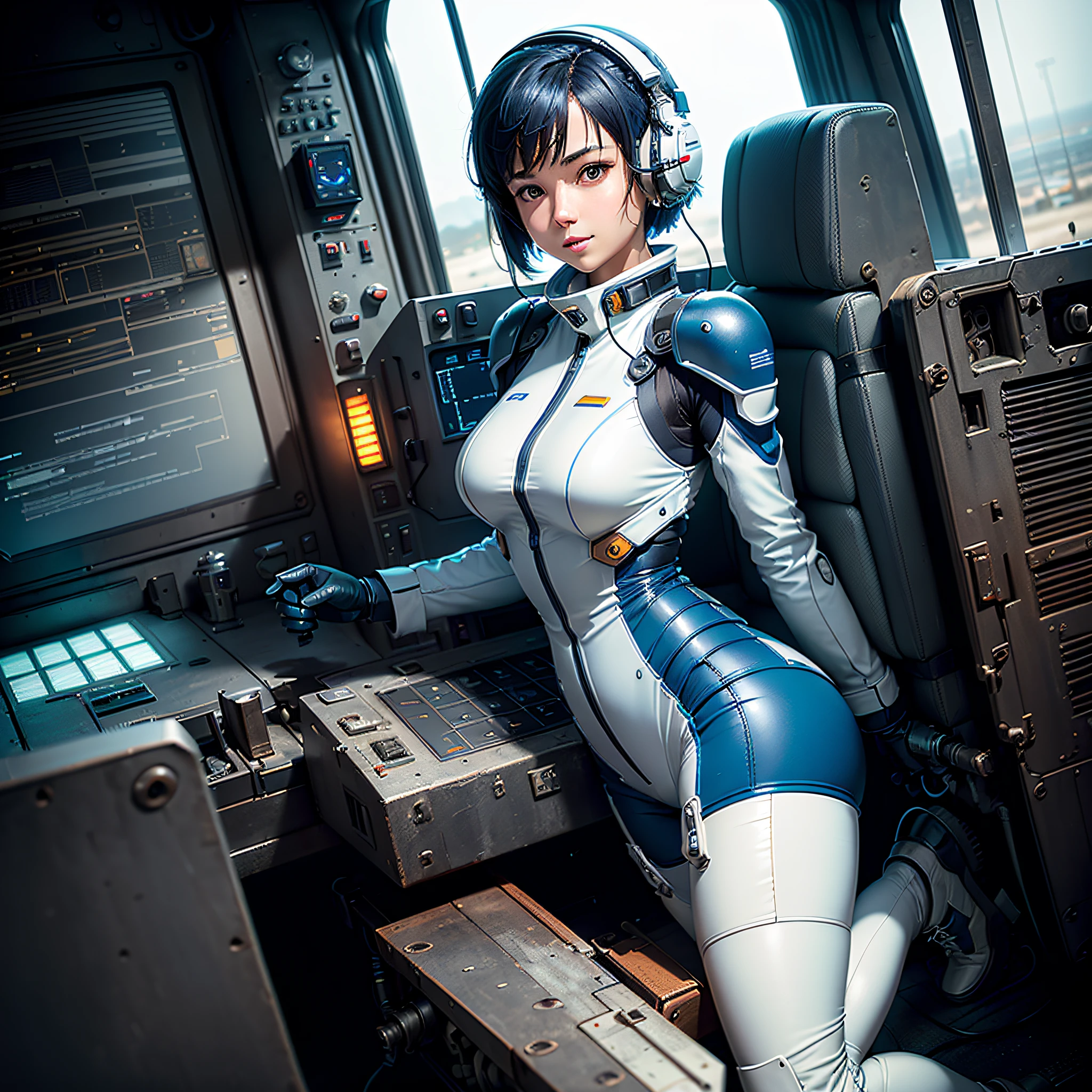 (masterpiece, highest quality, highest resolution, distinct_image, very elaborate CG, cinematic lighting, ray tracing, drop shadows, detailed detail, (photorealistic: 1.4), high quality textures, fine-grained, realistic face expression): (lone girl, face is Japan, short blue hair, small size breasts, sparkling eyes, Eye level shot, white and blue color pilot suit, tight fit clothes, full-body covering clothing, light smile, beauty, slim body, exoskeleton, heroine, headset, long boots, gloves, riding and piloting a robot leaning forward, control panel, tools, safety equipment, radar display, touch panel, various indicators, levers, computer keyboard, mouse, warning lights, fuel gauges, pressure gauges, control towers outside the window, large levers, foot access pedals, brake pedals, thick manuals, military bases outside the window)