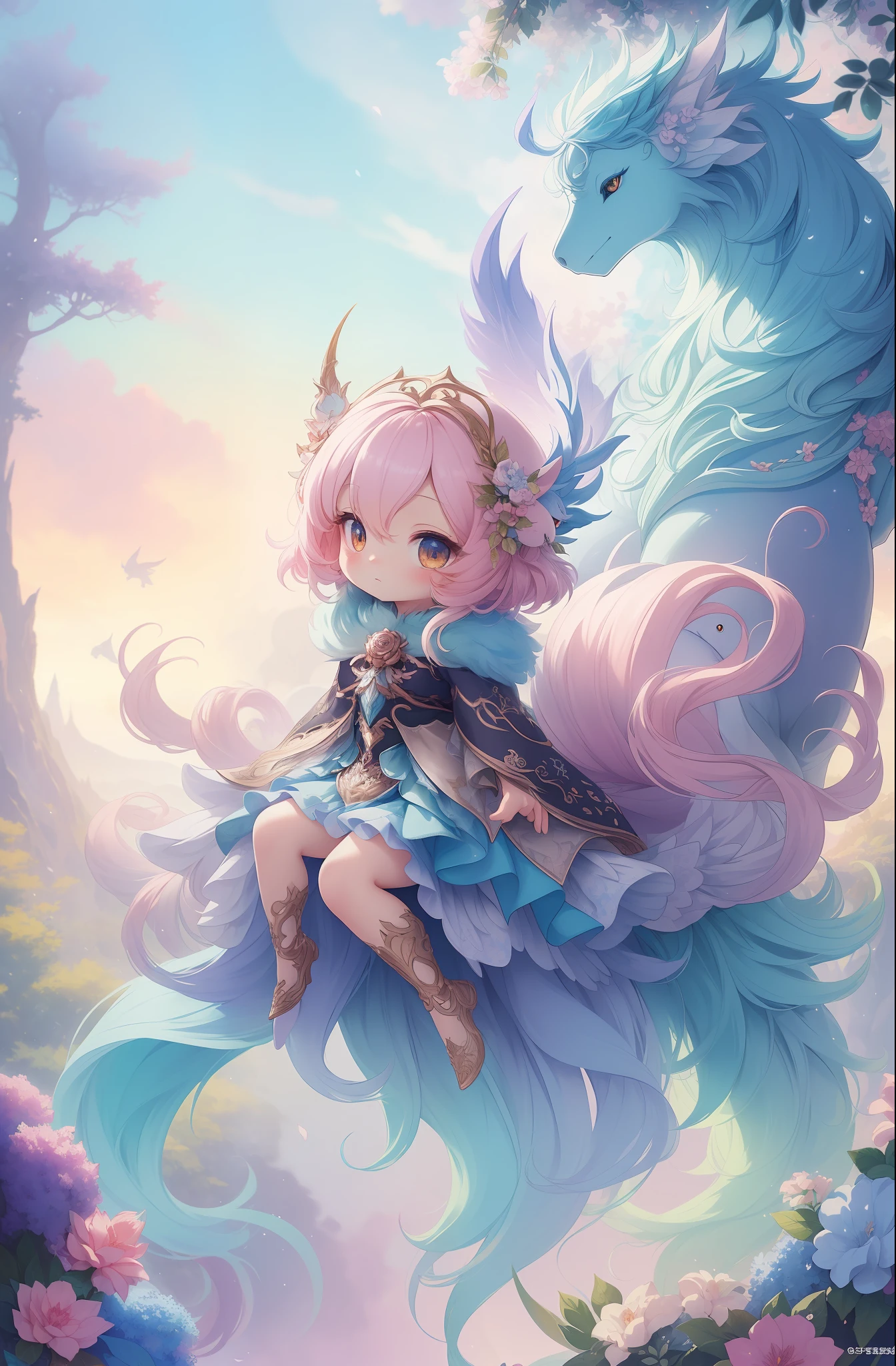 mythical fairyTale creature, beast, fluffy, gradient color ((best quality)), ((masterpiece)), ( extreme detailed, highest detailed, official art, beautiful and aesthetic:1.2), depth of field, composition, FULL BODY, (CHIBI), (beautiful and detailed eye:1.3), Long tail