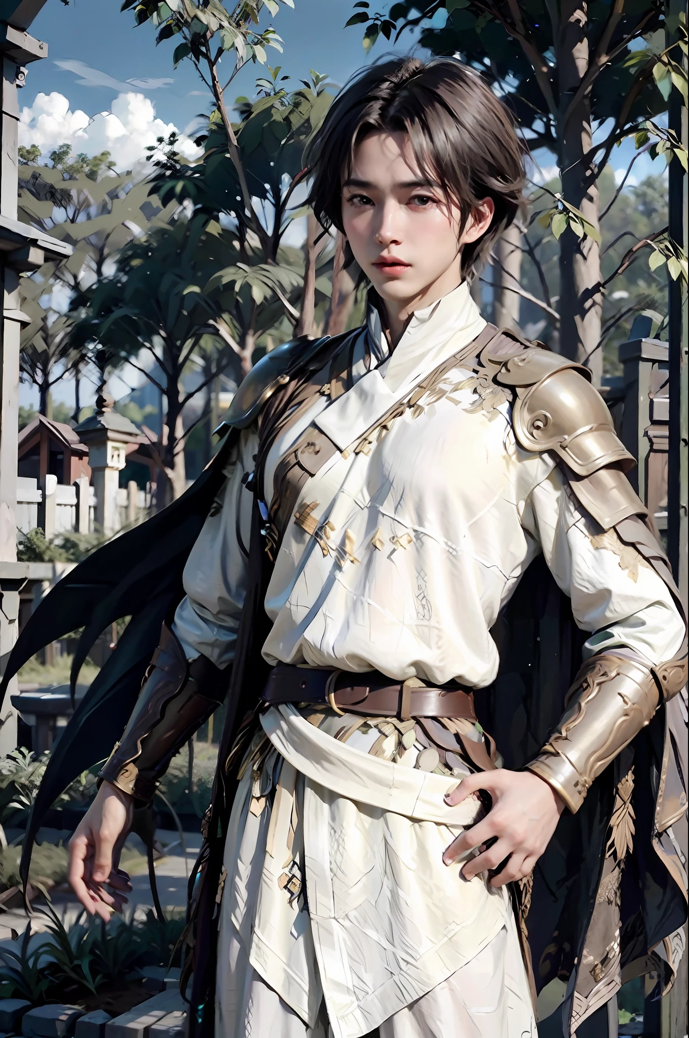 1boy, big_breasts, armor, realistic, masterpiece, best quality, 8k, realistic, linen_cape, white_linen_clothes, doulikui,