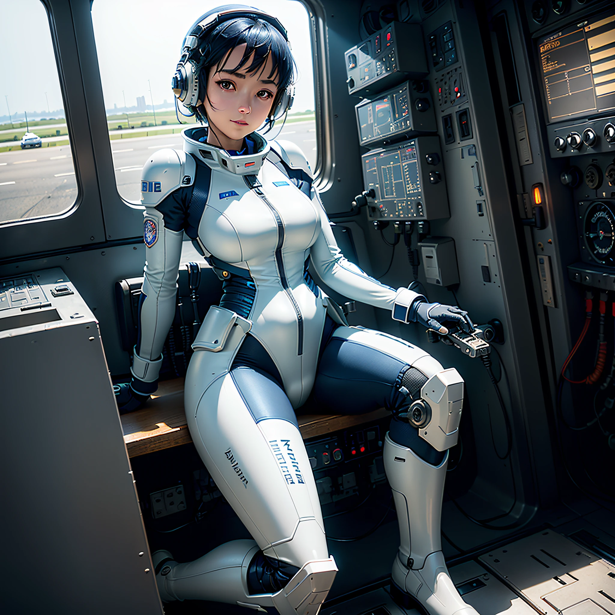 (masterpiece, highest quality, highest resolution, distinct_image, very elaborate CG, cinematic lighting, ray tracing, drop shadows, detailed detail, (photorealistic: 1.4), high quality textures, fine-grained, realistic face expression): (lone girl, face is Japan, short blue hair, small size breasts, sparkling eyes, Eye level shot, white and blue color pilot suit, tight fit clothes, full-body covering clothing, light smile, beauty, slim body, exoskeleton, heroine, headset, long boots, gloves, riding and piloting a robot leaning forward, control panel, tools, safety equipment, radar display, touch panel, various indicators, levers, computer keyboard, mouse, warning lights, fuel gauges, pressure gauges, control towers outside the window, large levers, foot access pedals, brake pedals, thick manuals, military bases outside the window)