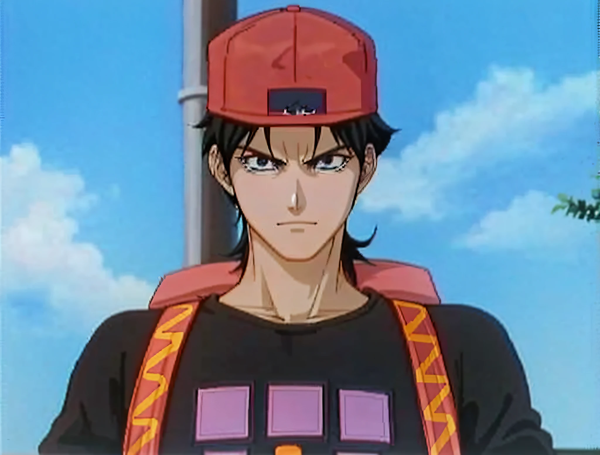 a closeup of a person wearing a hat and a shirt, such as an anime character, safebooru anime image, kentaro miura style, kentaro miura manga style, young anime man, 9 0 anime style, 90s anime style, wearing a red cap back, inspired by Junpei Satoh, anime man, male anime character, realistic anime