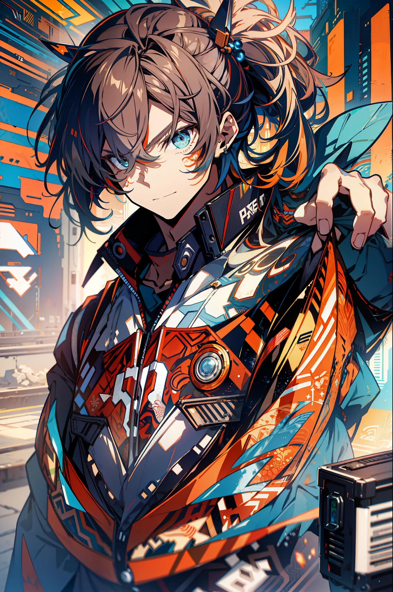 background, language_text, Japanese letters in graffit, man, long brown hair, excellent lighting, sidelighting, (), vhsKeeper,, style GUILTY GEAR -STRIVE perfect ultimate (flat color: 1.3), (magazine_cover: 1.4), (multicolored_background: 1.3), striped_background, card_background, :: comix style by joe madureira :: circular pieces of orange metals glued to the ultra detailed arms coming out sparkling shine, , perfect and detailed, ultra detailed shirt with abstract design and with print of Japanese letters in graffit of the sides of the clothes, image of boy with long hair, in front of a computer, with immersive effects, hover effect, background graffiti style tribal tattoo with vibrant colors "hdr ultra" detailed and with focus effect, (masterpiece: 1.2, best quality), (beautiful eyes 1.2), , ((Solo)), (Finely detailed eyes and detailed face :1.3), in various full-body attack poses, (cute background: 1.2),futuristic costume, super detailed circular metals Clinging to the arms and pants, fantastic paintings, blue and orange colors, cute smile