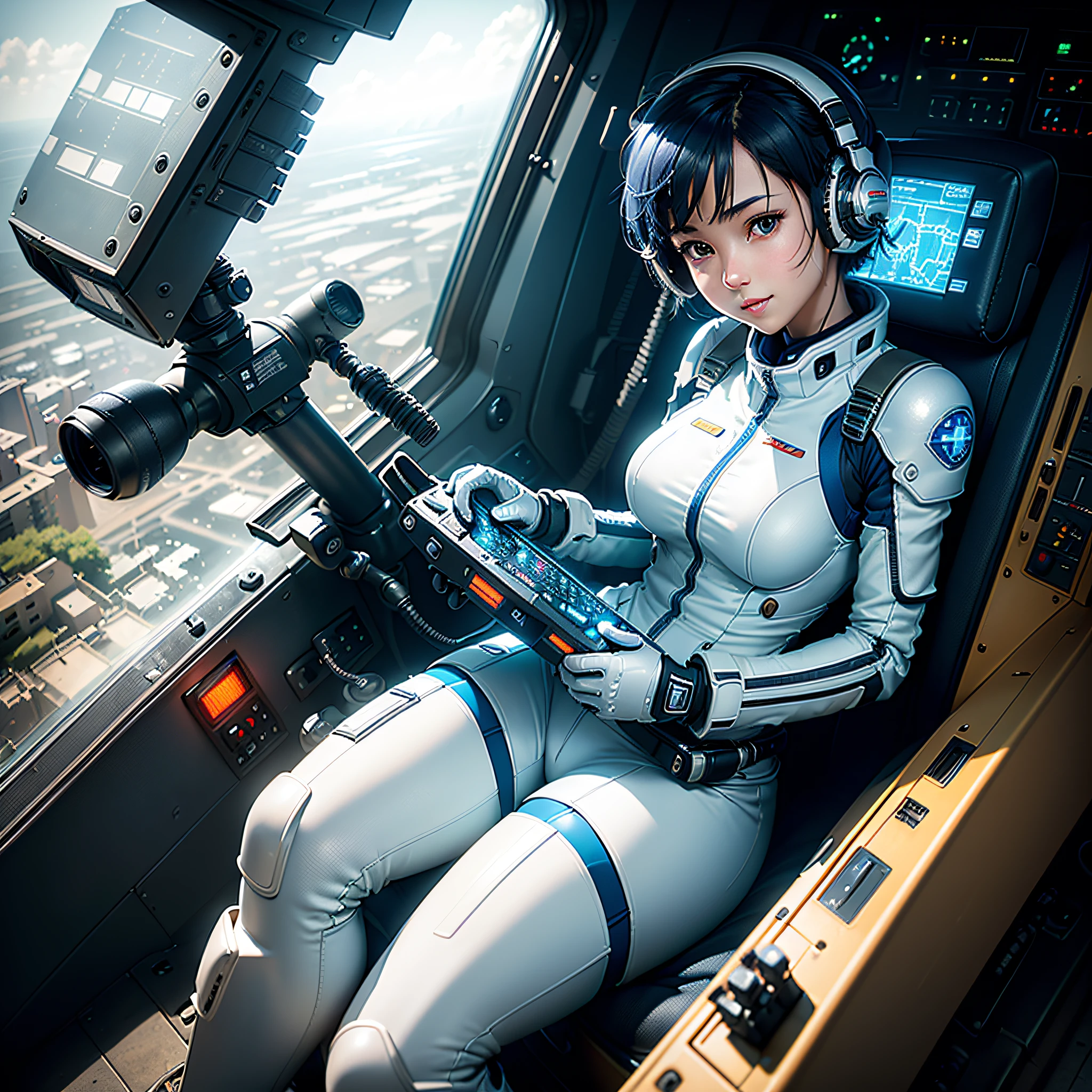 (masterpiece, highest quality, highest resolution, distinct_image, very elaborate CG, cinematic lighting, ray tracing, drop shadows, detailed detail, (photorealistic: 1.4), high quality textures, fine-grained, realistic face expression): (lone girl, face is Japan, short blue hair, small size breasts, sparkling eyes, Eye level shot, white and blue color pilot suit, tight fit clothes, full-body covering clothing, light smile, beauty, slim body, exoskeleton, heroine, headset, long boots, gloves, riding and piloting a robot leaning forward, control panel, tools, safety equipment, radar display, touch panel, various indicators, levers, computer keyboard, mouse, warning lights, fuel gauges, pressure gauges, control towers outside the window, large levers, foot access pedals, brake pedals, thick manuals, military bases outside the window)
