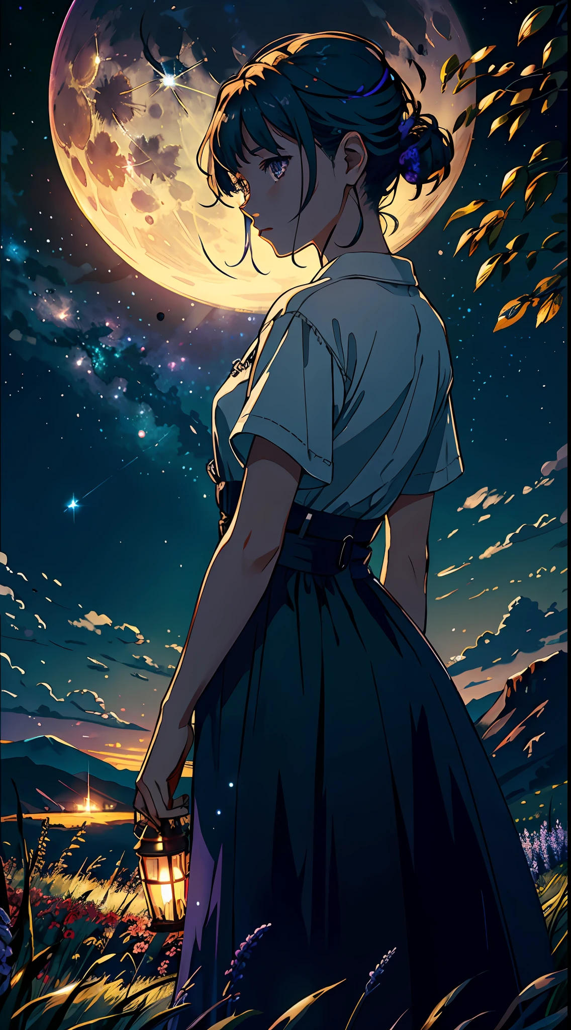 Expansive landscape photograph, (view from below with a view of the sky and the wilderness below), standing in a flower field looking up, (full moon: 1.2), (shooting star: 0.9), (nebula: 1.3), distant mountain, tree break production art, (warm light source: 1.2), (firefly: 1.2), lamp, purple and orange, intricate detail, volume lighting BREAK (masterpiece: 1.2), (highest quality ), 4k, ultra-detailed, (dynamic configuration: 1.4), highly detailed and colorful details (iridescent: 1.2), (sparkling lighting, atmospheric lighting), dreamy, magical, (solo: 1.2)