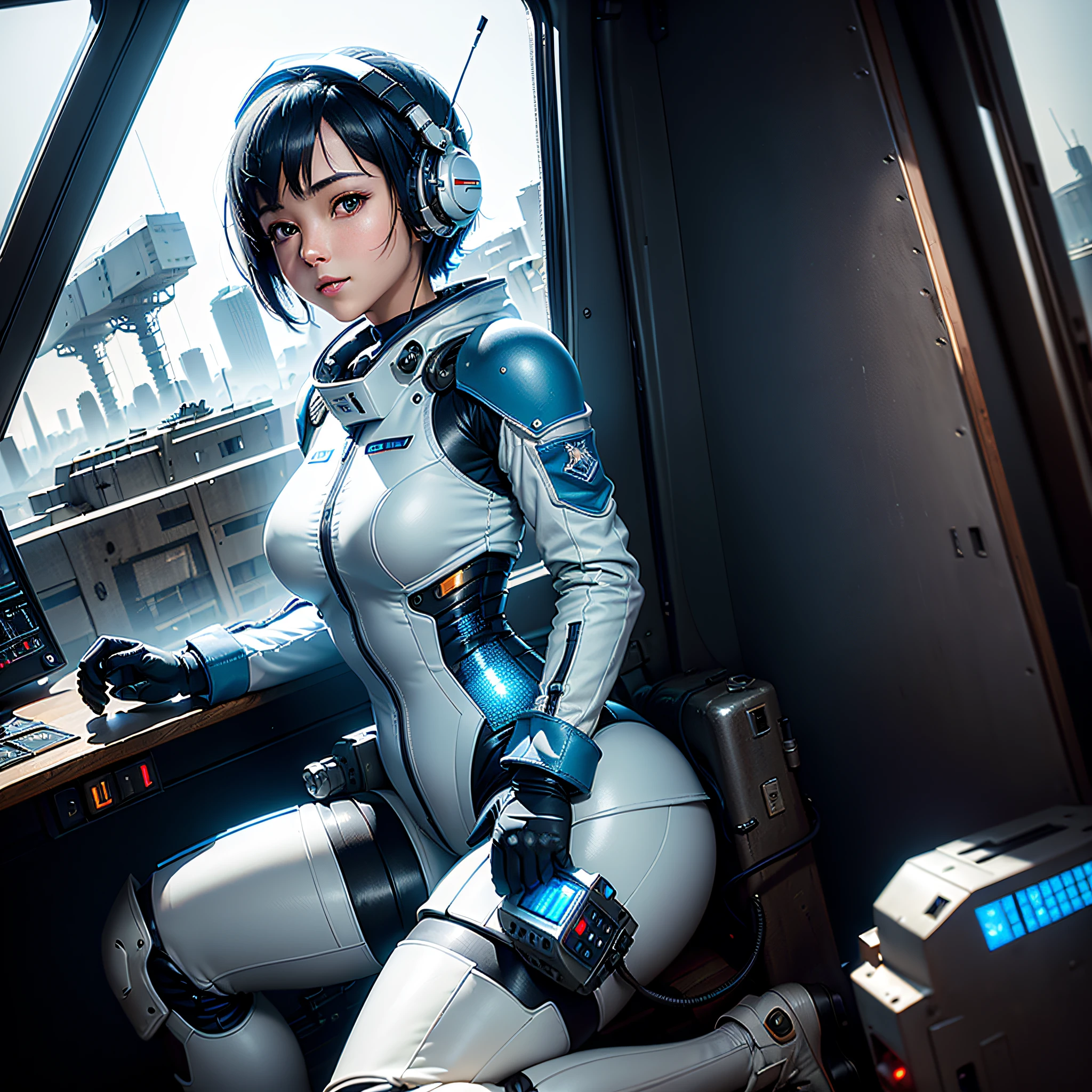 (masterpiece, highest quality, highest resolution, distinct_image, very elaborate CG, cinematic lighting, ray tracing, drop shadows, detailed detail, (photorealistic: 1.4), high quality textures, fine-grained, realistic face expression): (lone girl, face is Japan, short blue hair, small size breasts, sparkling eyes, Eye level shot, white and blue color pilot suit, tight fit clothes, full-body covering clothing, light smile, beauty, slim body, exoskeleton, heroine, headset, long boots, gloves, riding and piloting a robot leaning forward, control panel, tools, safety equipment, radar display, touch panel, various indicators, levers, computer keyboard, mouse, warning lights, fuel gauges, pressure gauges, control towers outside the window, large levers, foot access pedals, brake pedals, thick manuals, military bases outside the window)